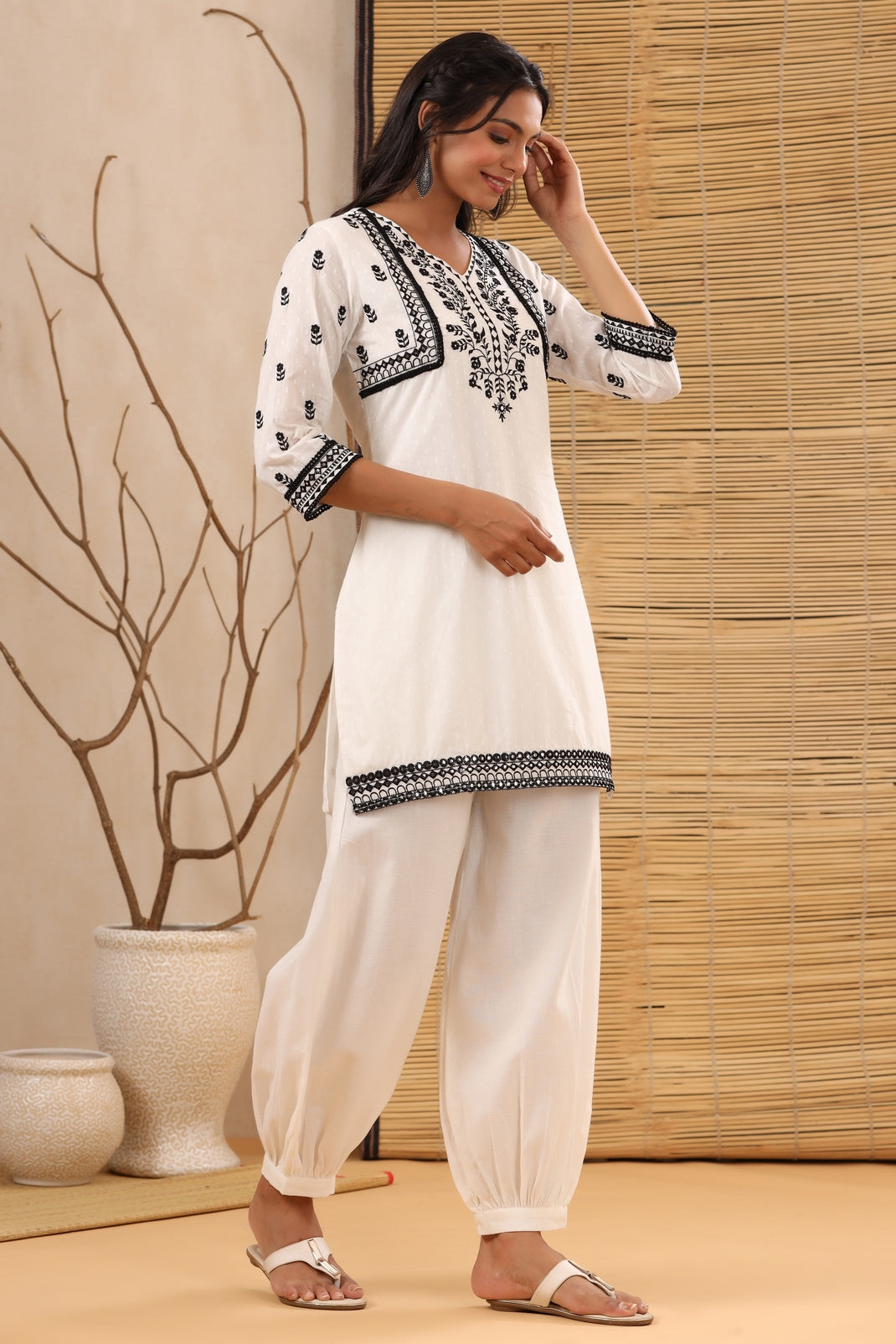 Women`s White Cotton Dobby Embroidered Straight Clothing Set