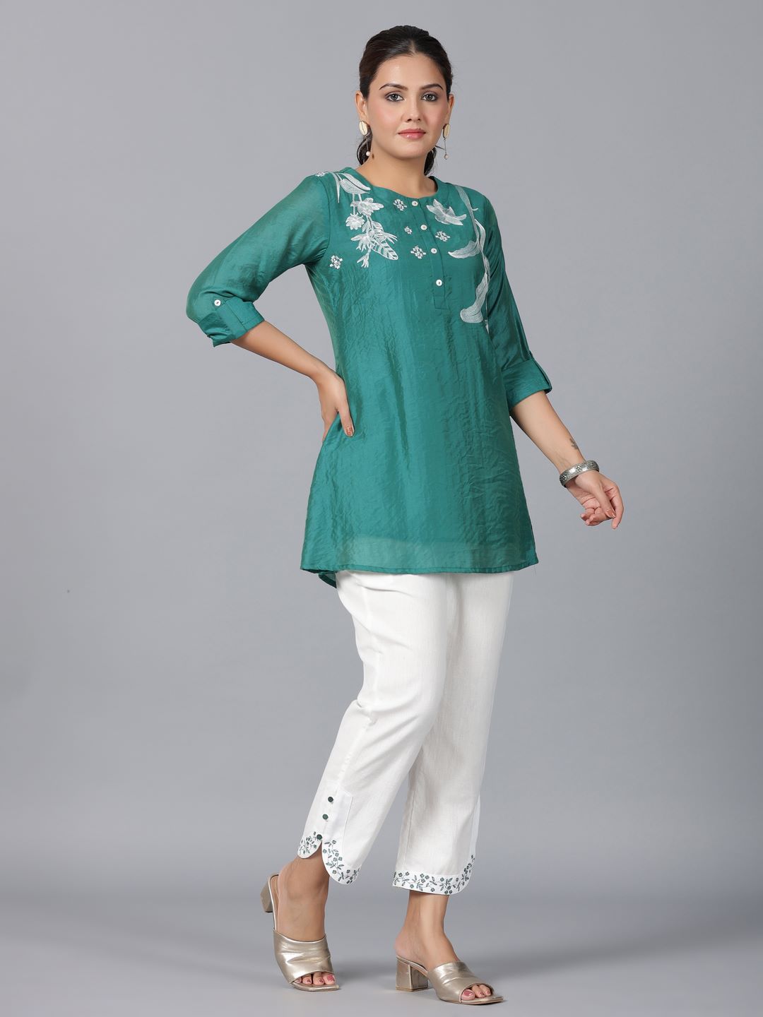 Green Chanderi Embroidered Clothing Set