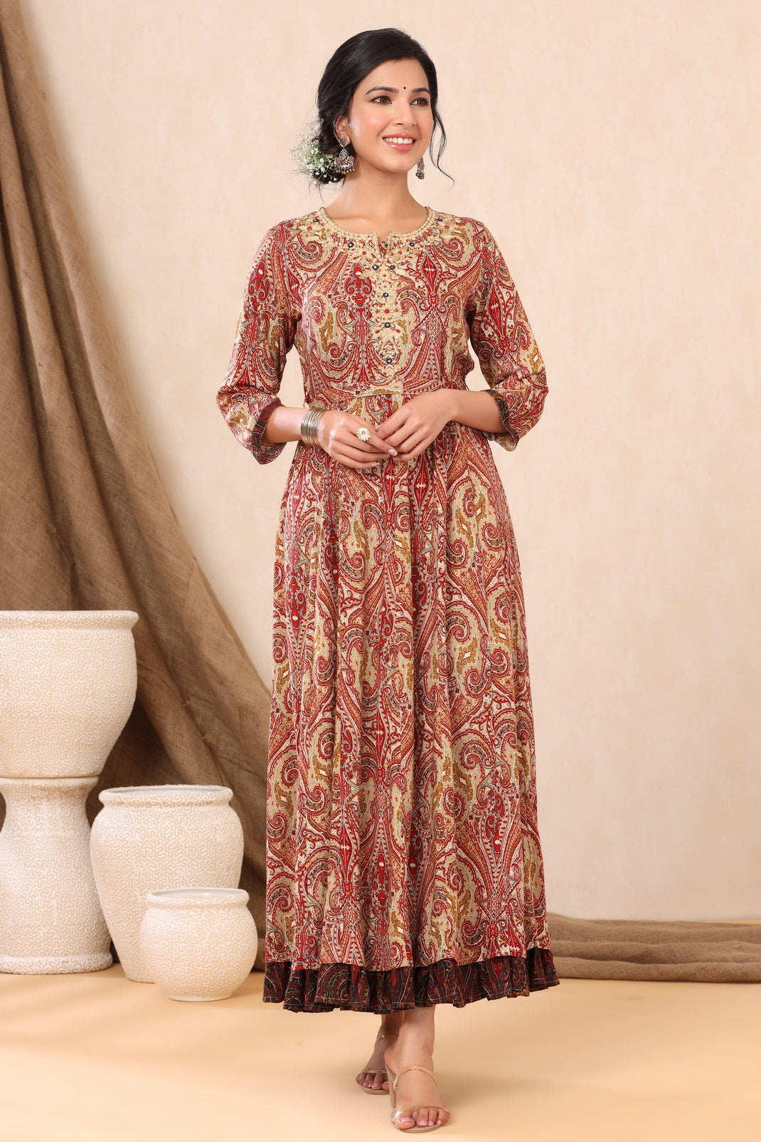 Beige Rayon Printed Flared Dress with Belt