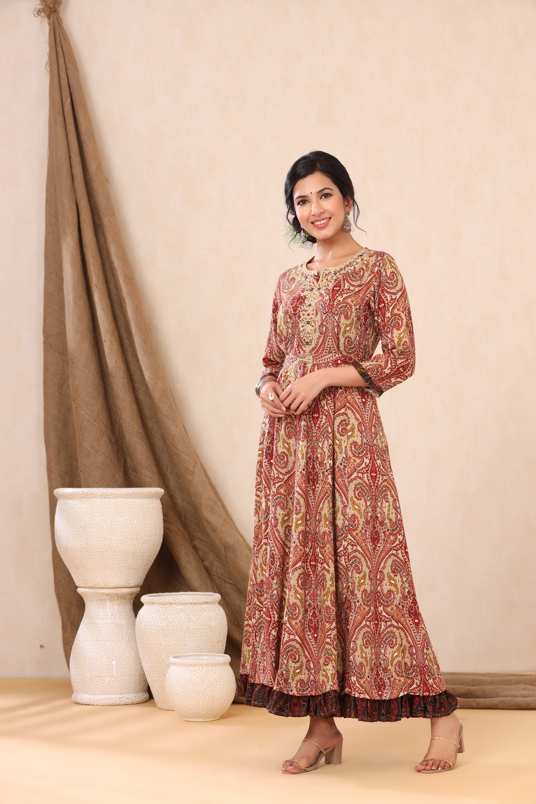 Beige Rayon Printed Flared Dress with Belt