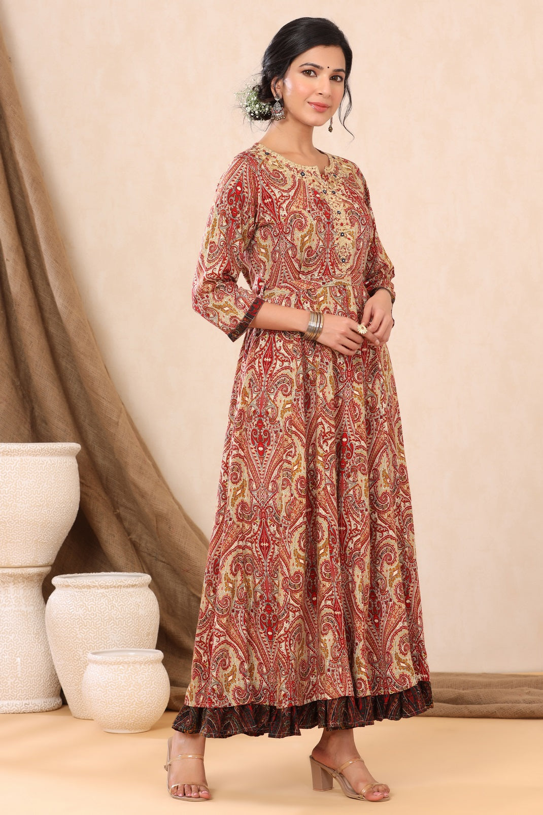 Beige Rayon Printed Flared Dress with Belt