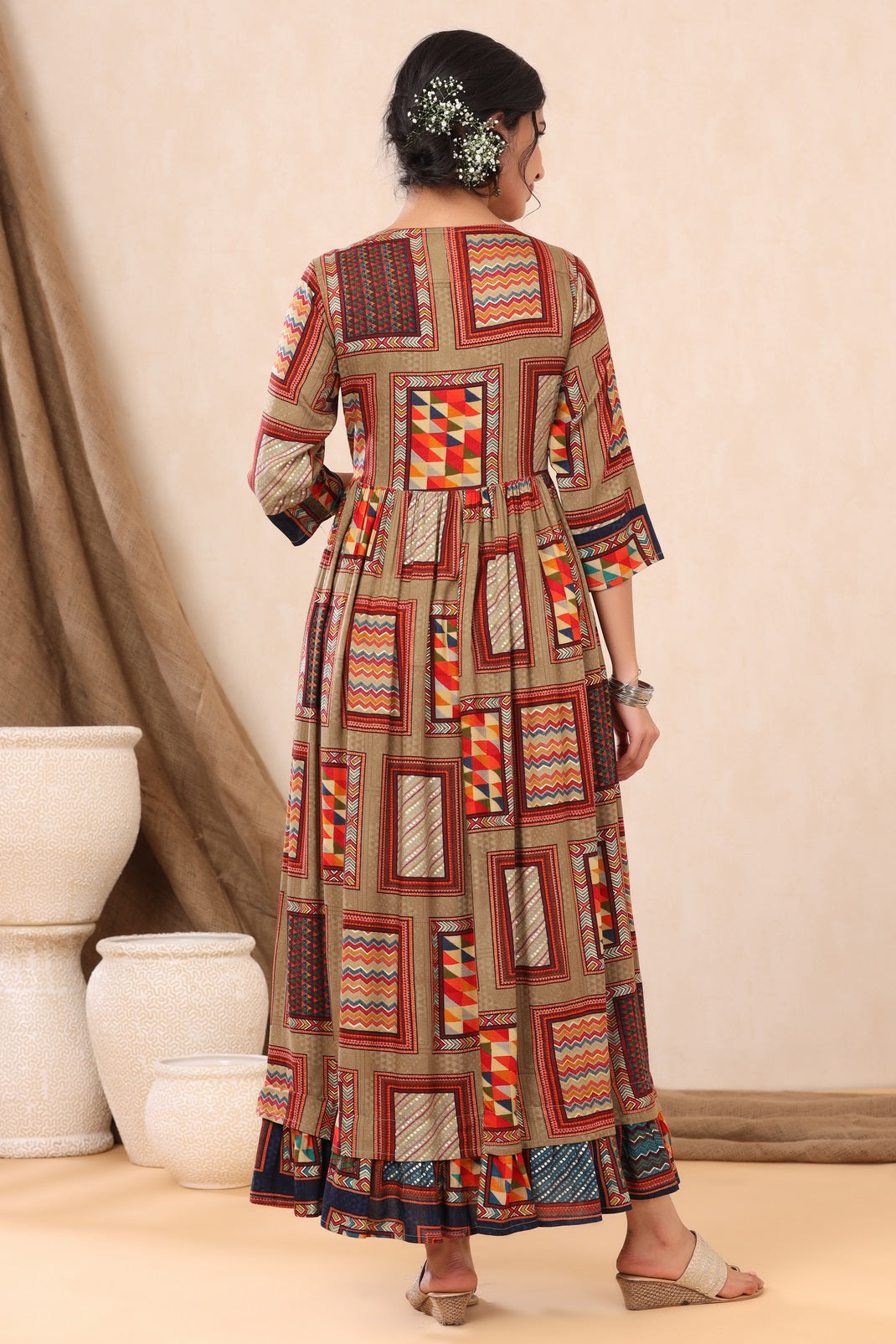 Beige Rayon Printed Flared Dress