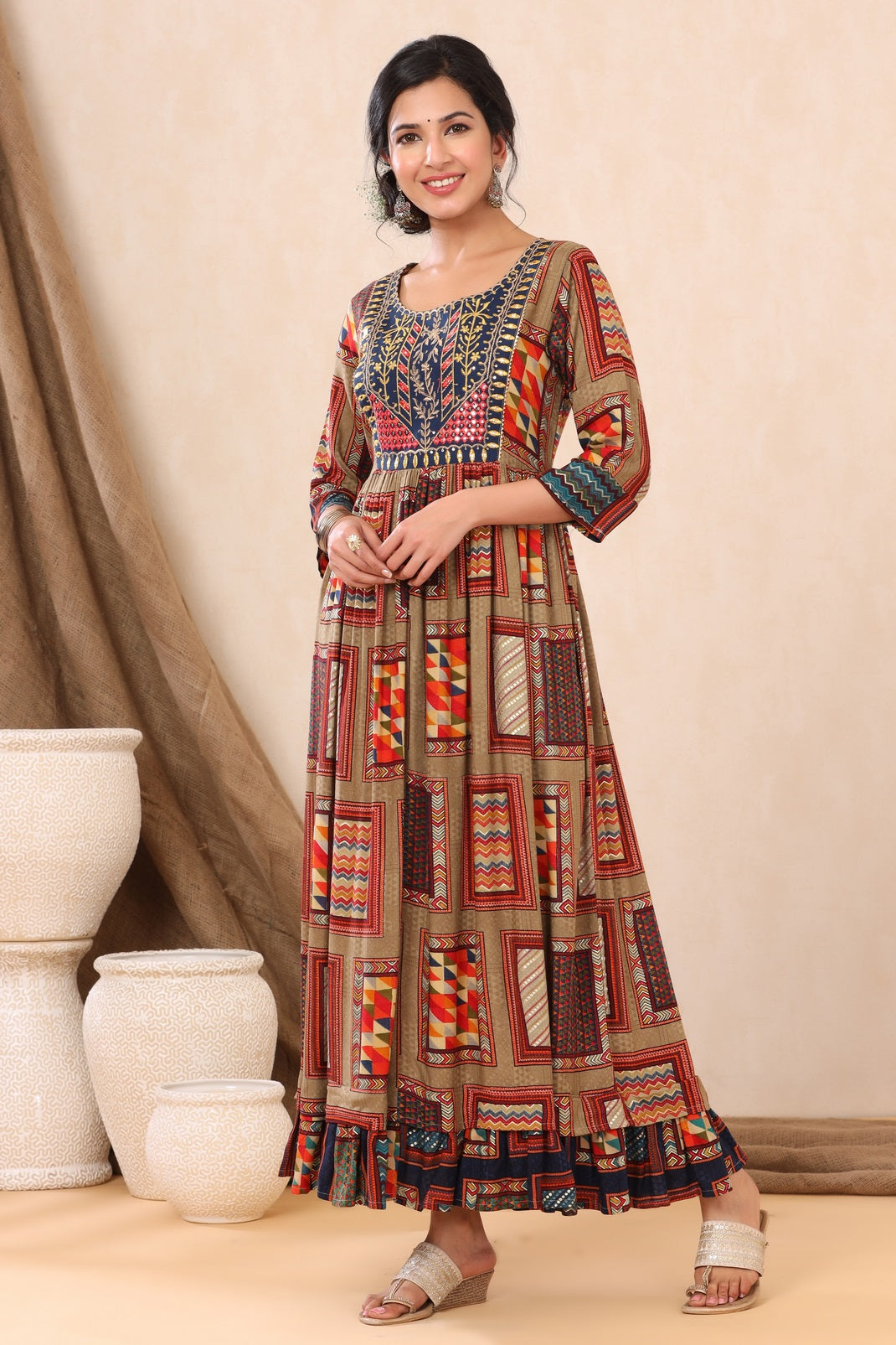 Beige Rayon Printed Flared Dress