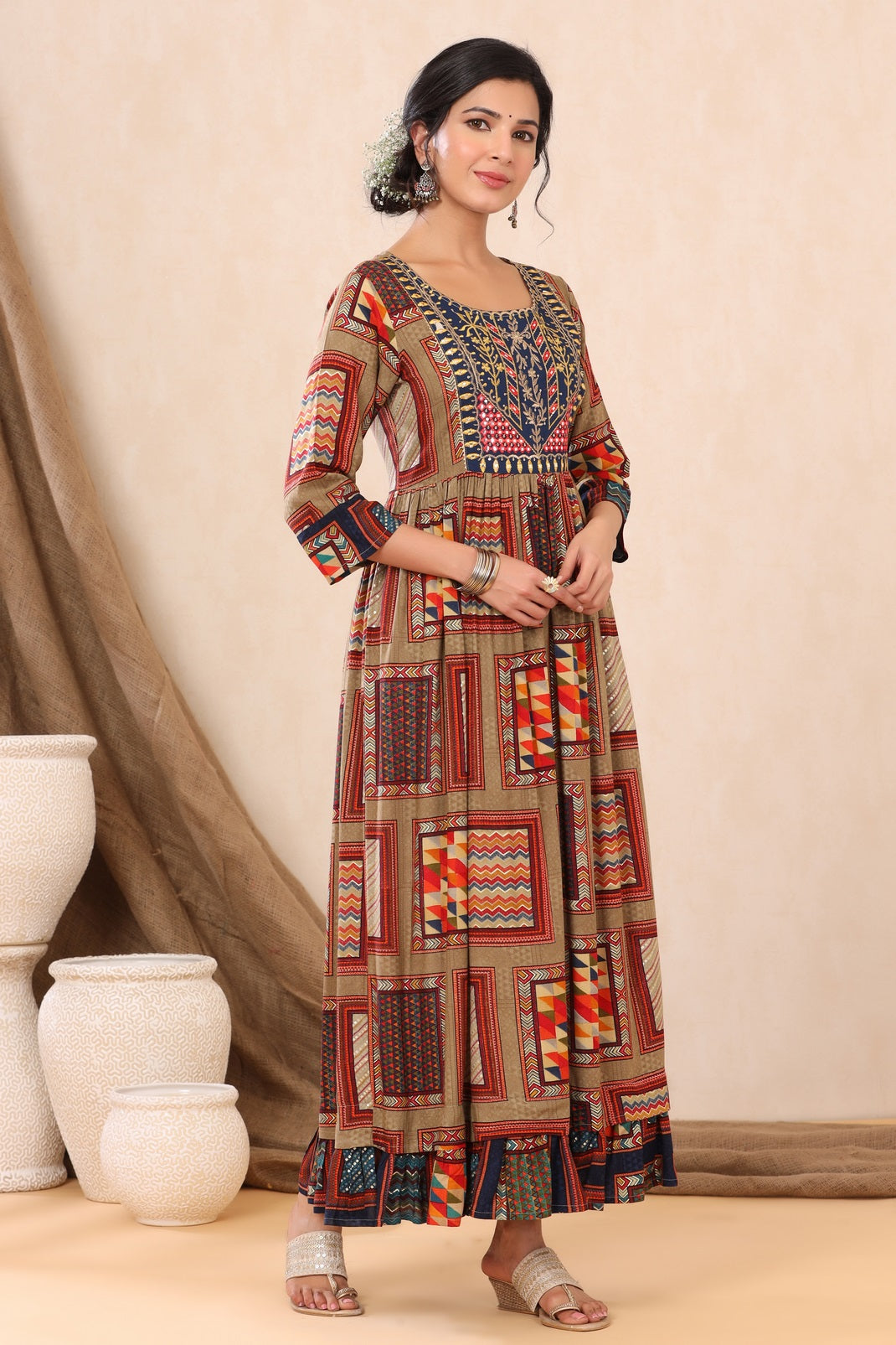 Beige Rayon Printed Flared Dress