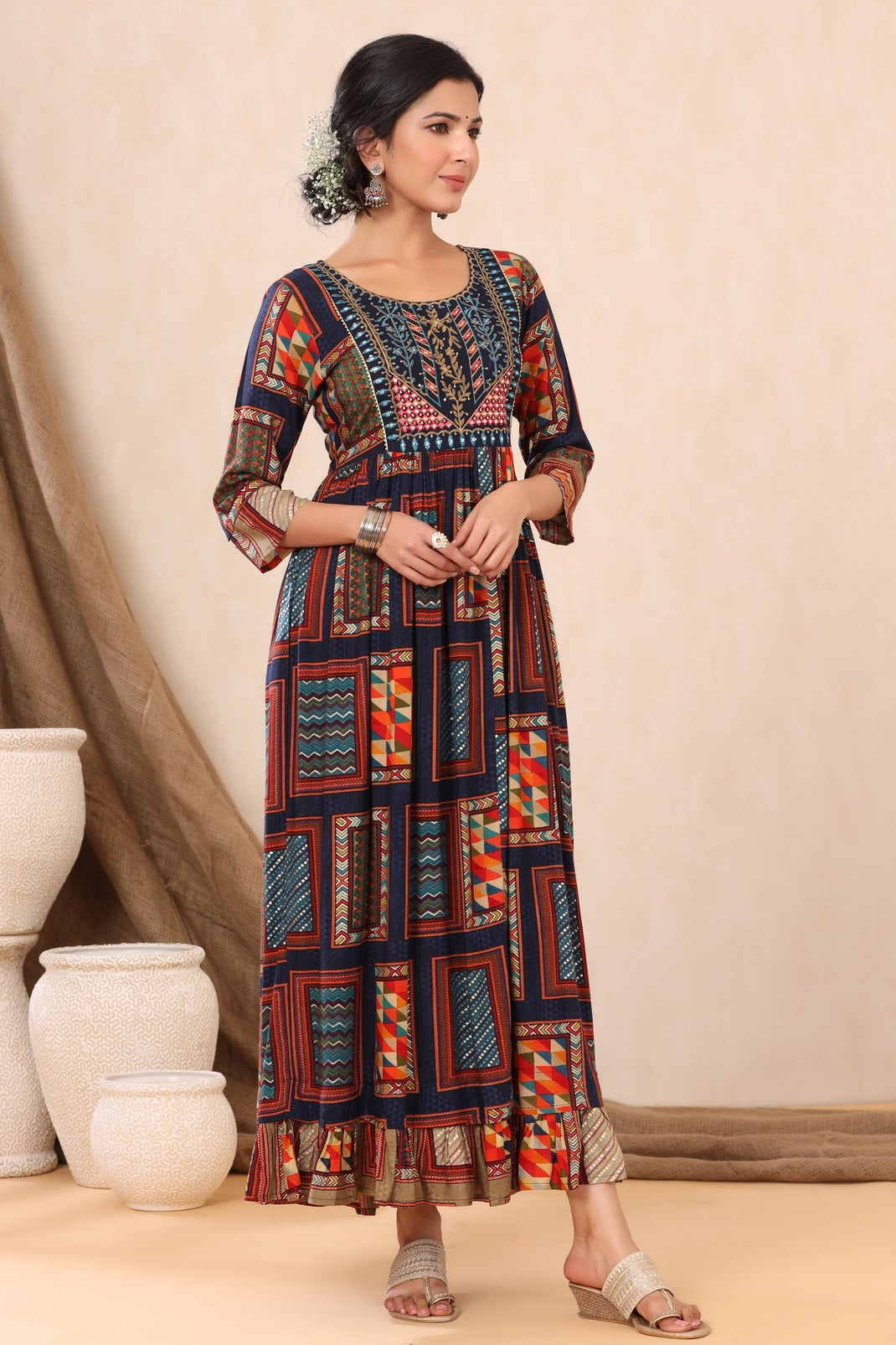 Navy Rayon Printed Flared Dress