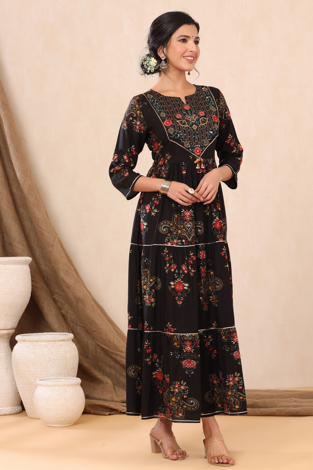 Black Rayon Printed Flared Dress