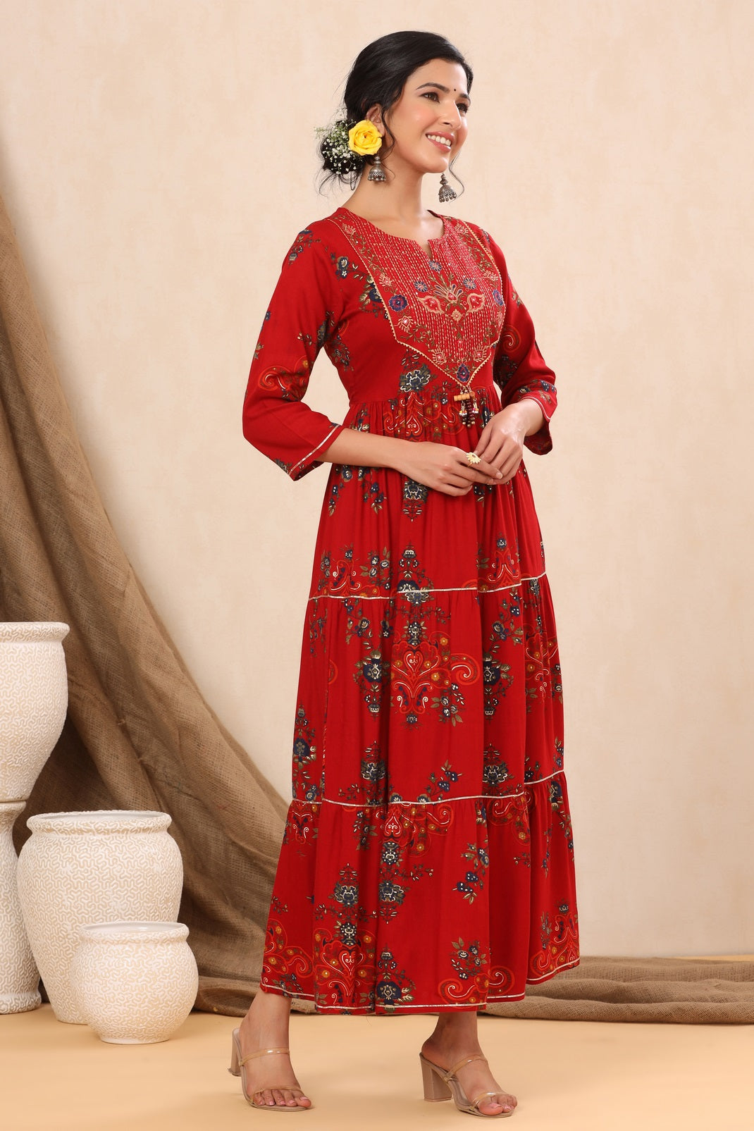 Red Rayon Printed Flared Dress