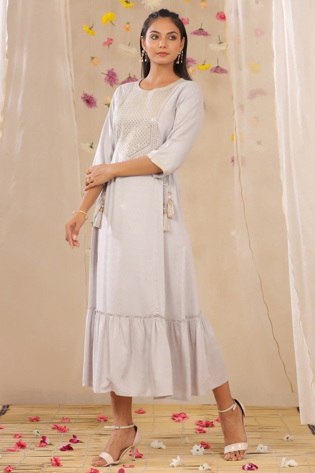 Grey Rayon Dobby Embroidered Tiered Dress