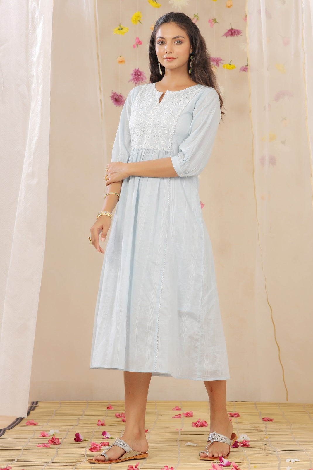 Skyblue Cotton Dobby Embroidered A-Line Dress