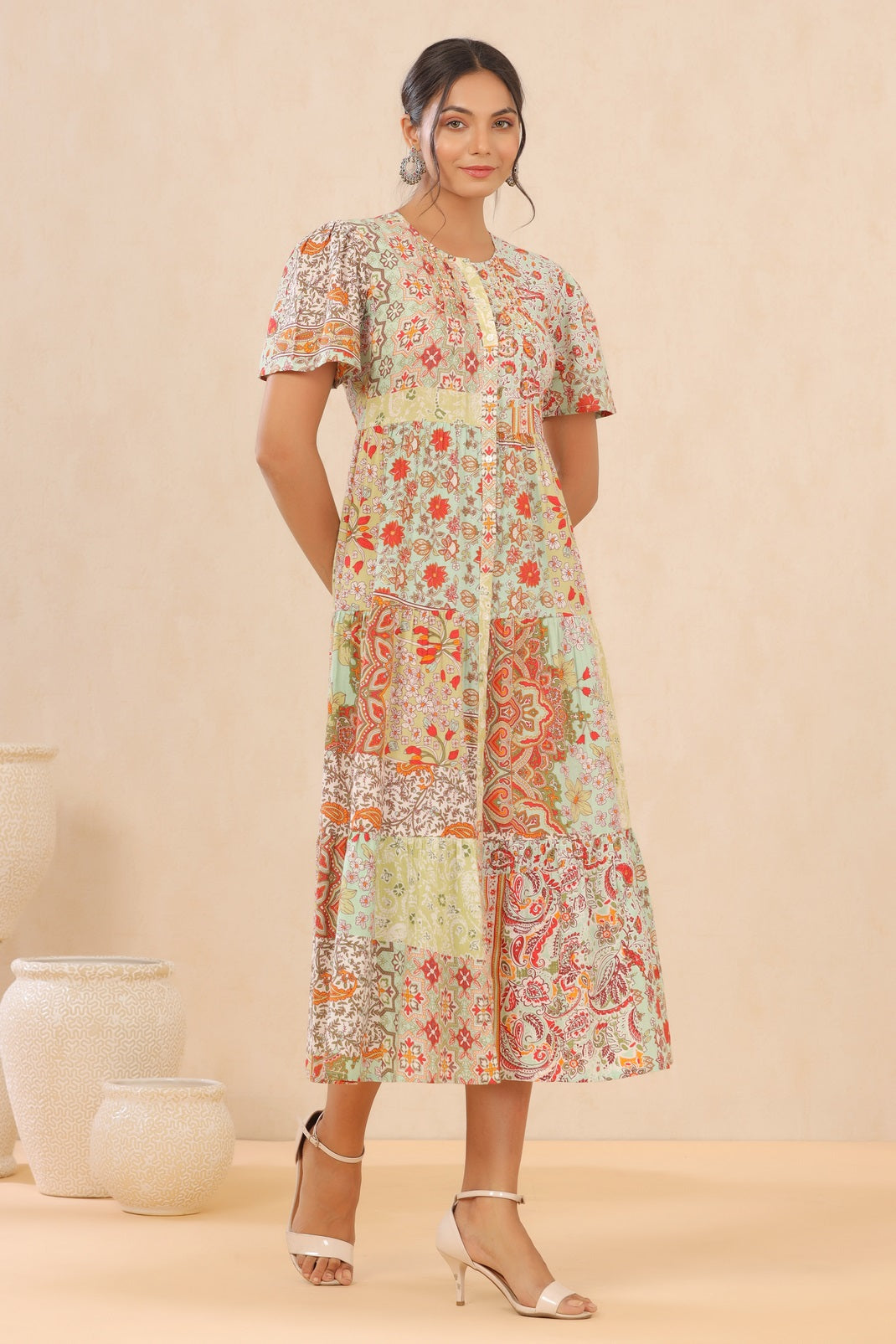 Pistagreen Cotton Twill Printed Tiered Dress