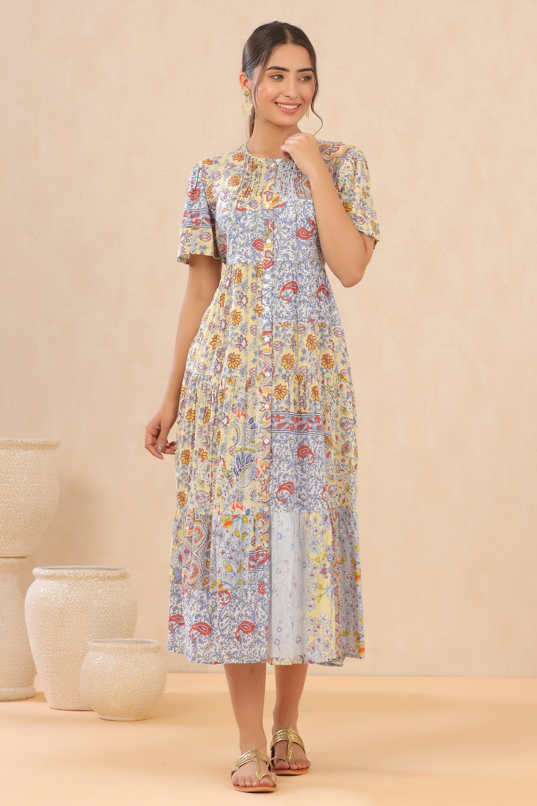 Yellow Modal Viscose Printed Tiered Dress
