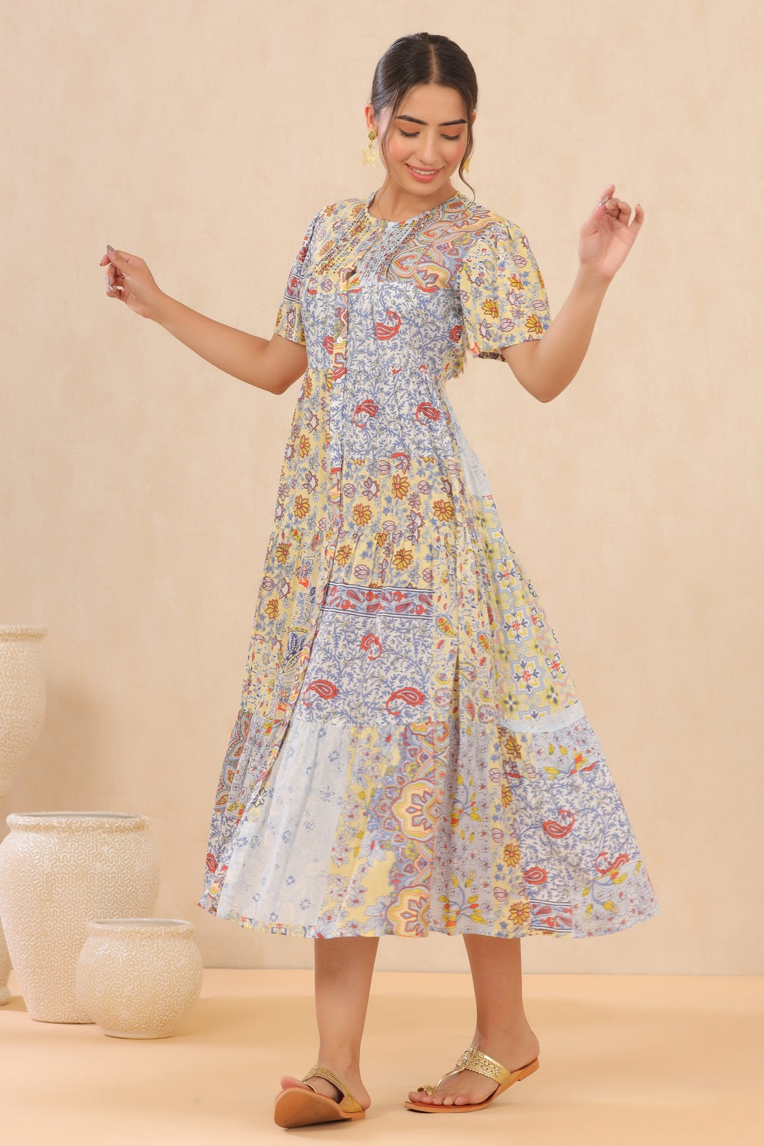 Yellow Modal Viscose Printed Tiered Dress