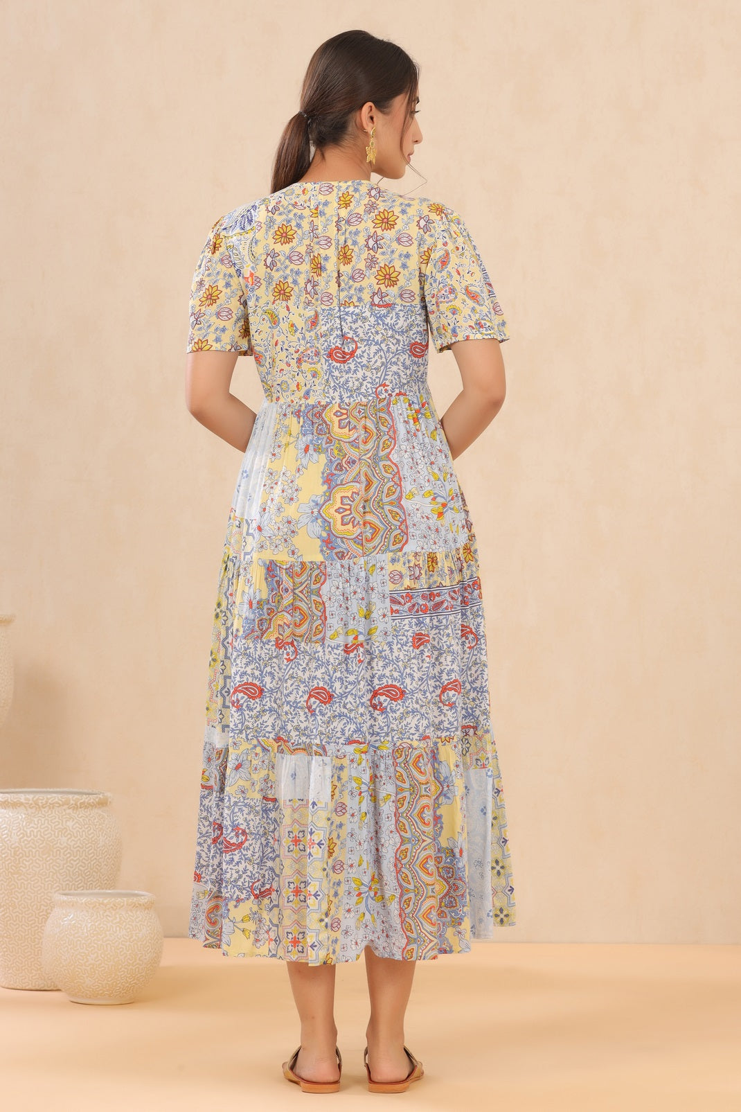 Yellow Modal Viscose Printed Tiered Dress