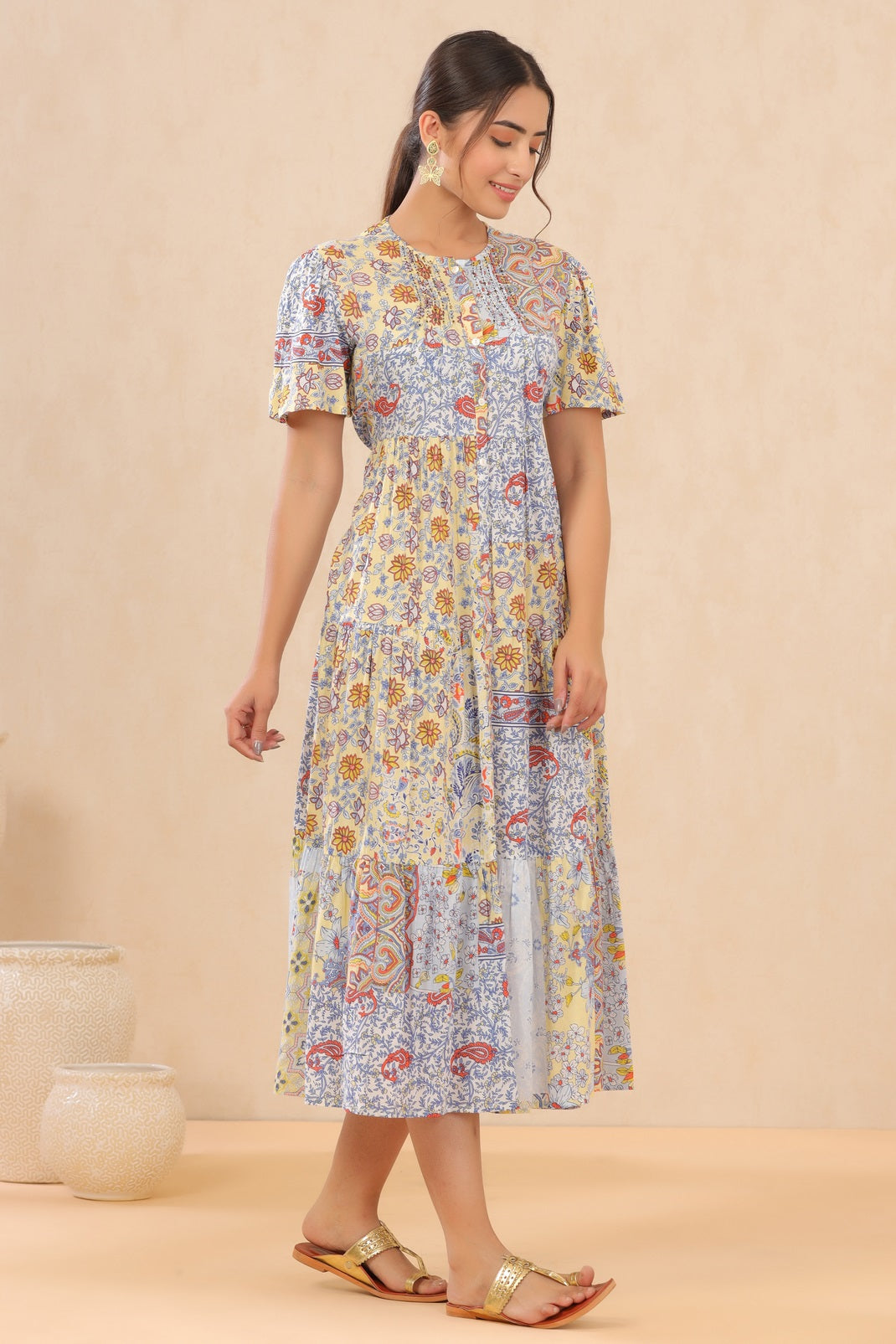 Yellow Modal Viscose Printed Tiered Dress