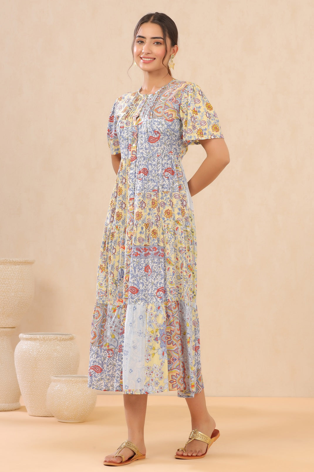 Yellow Modal Viscose Printed Tiered Dress
