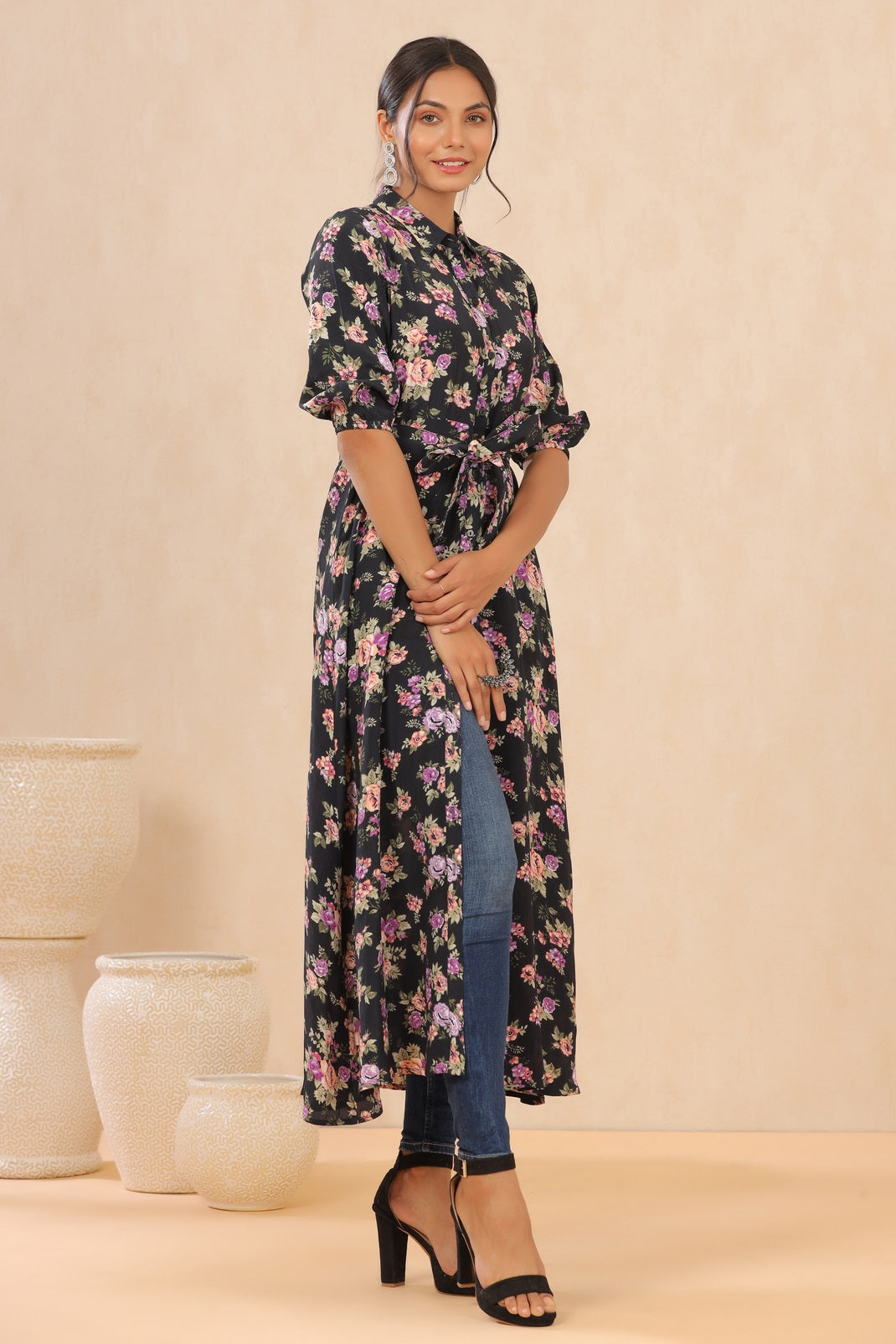 Black Rayon Moss Printed A-Line Dress with Belt