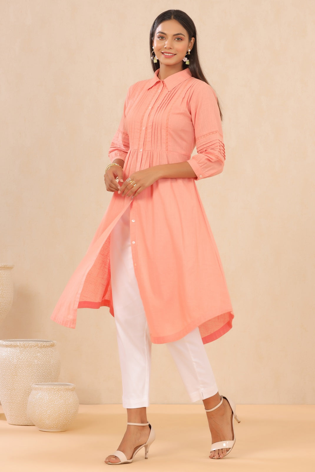 Blushpink Cotton Slub Solid A-Line Dress