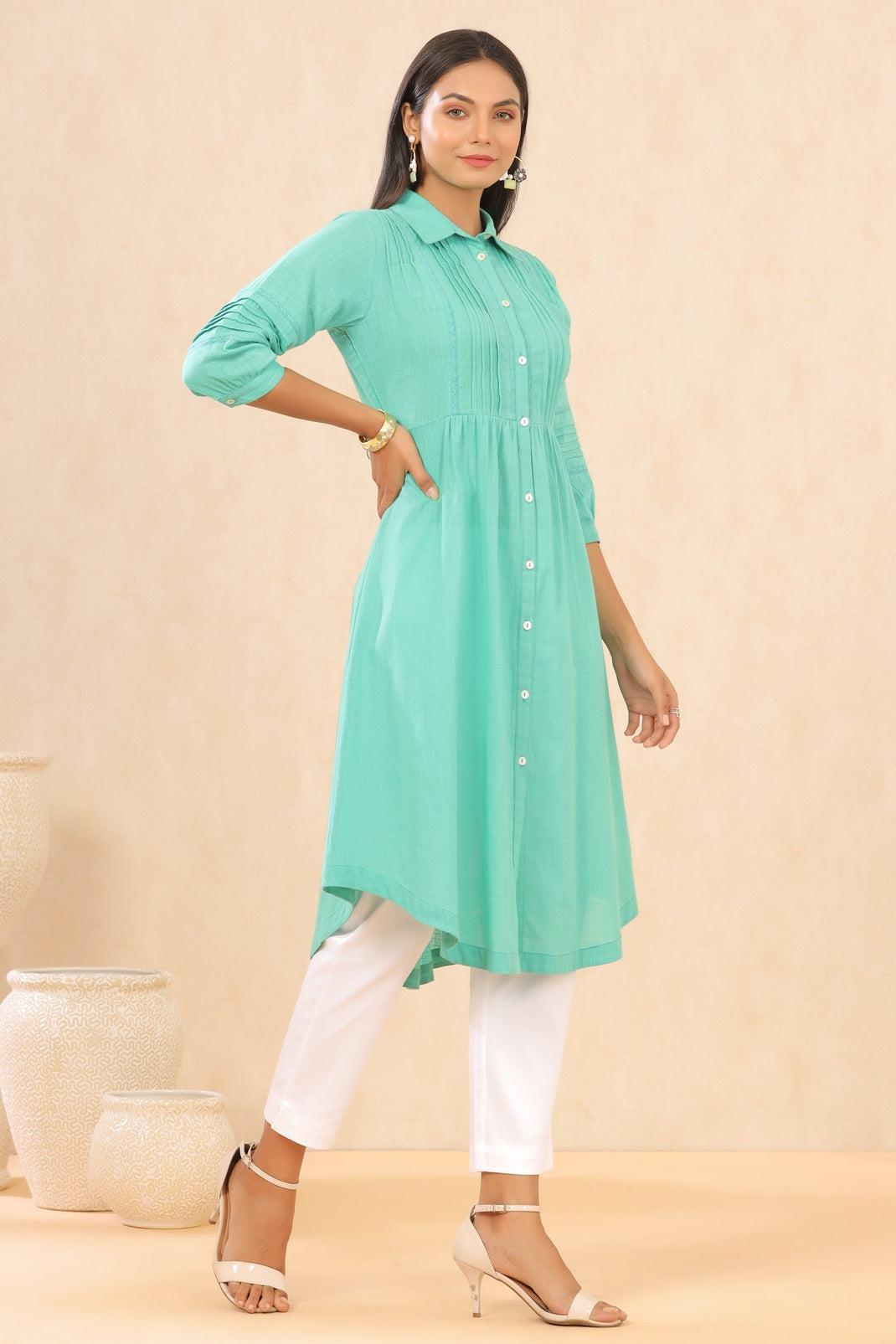 Turquoise Cotton Slub Solid A-Line Dress