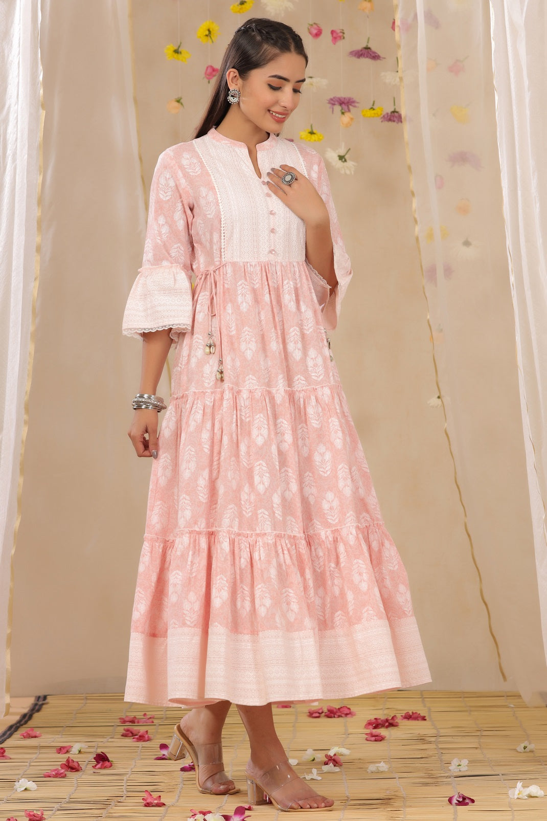 Babypink Cambric Printed Tiered Dress