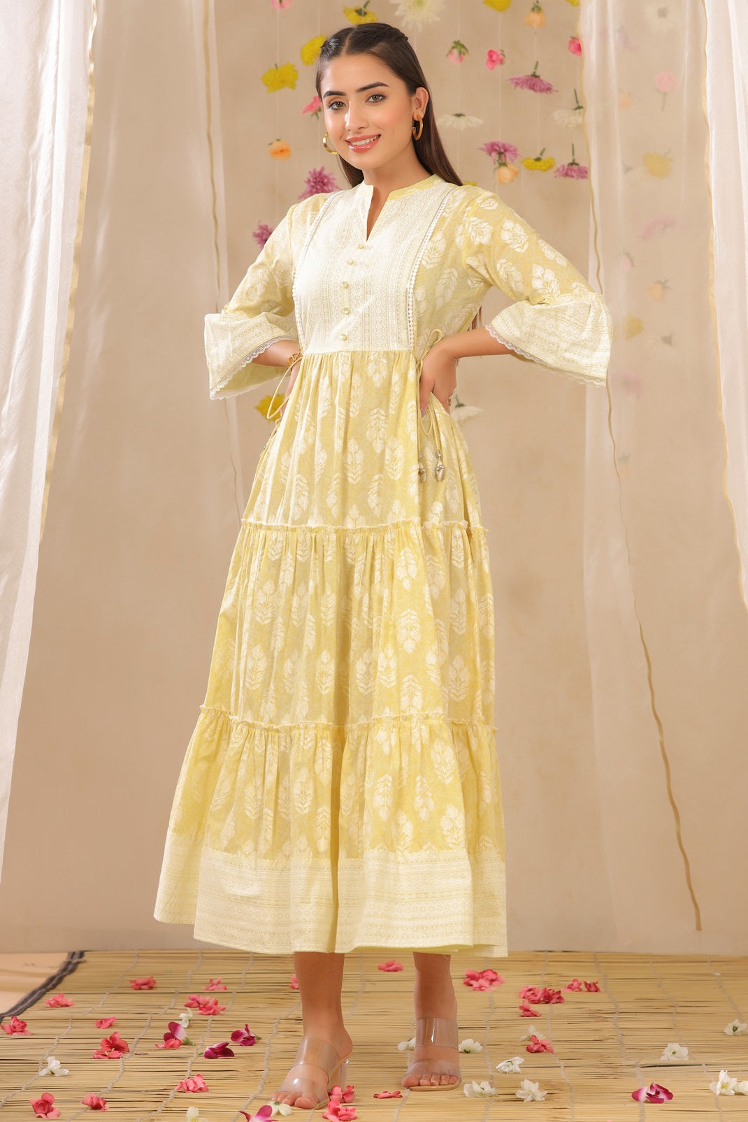 Limeyellow Cambric Printed Tiered Dress