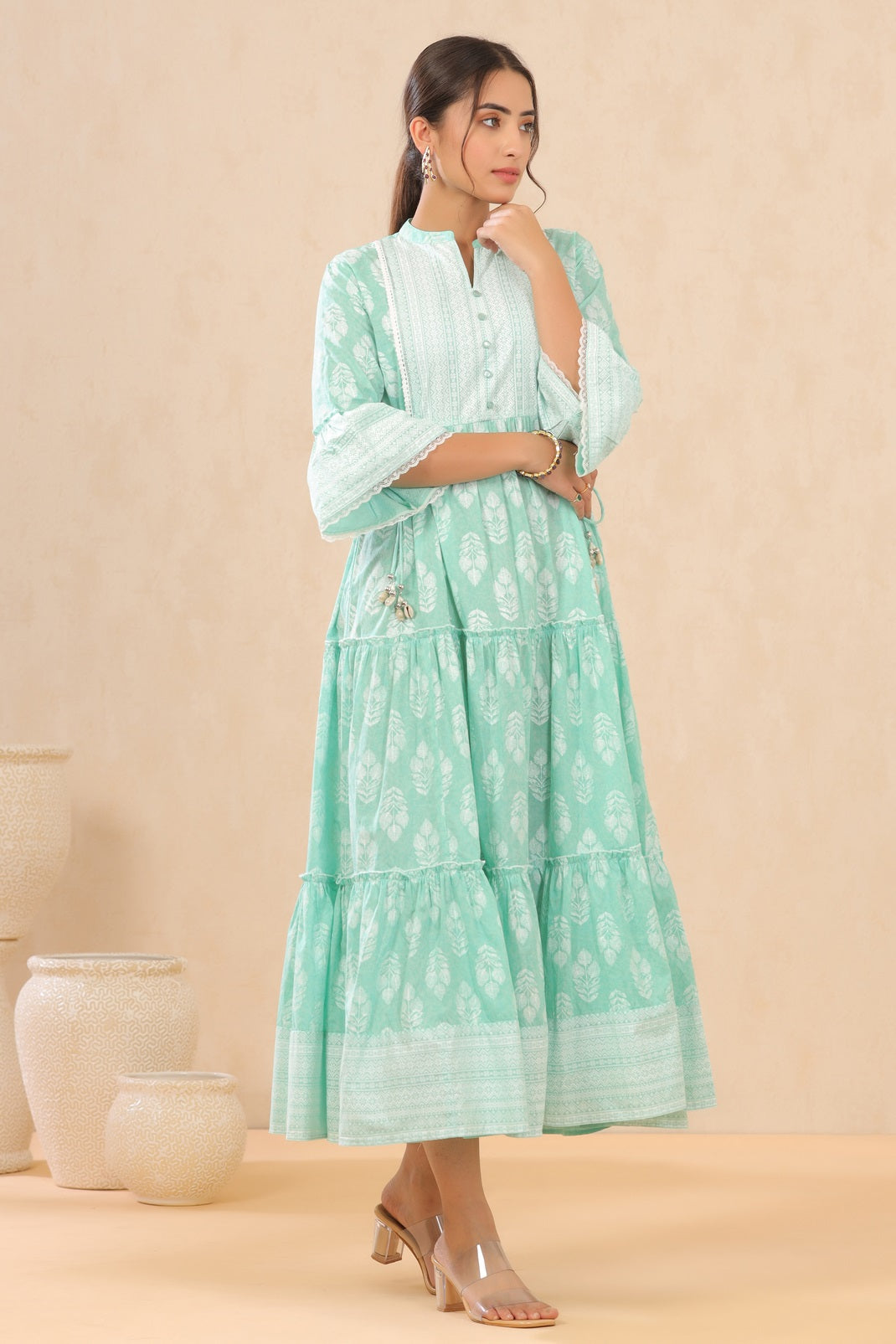 Mint Cambric Printed Tiered Dress