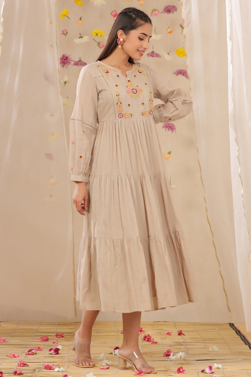 Sandgrey Cotton Dobby Embroidered Tiered Dress