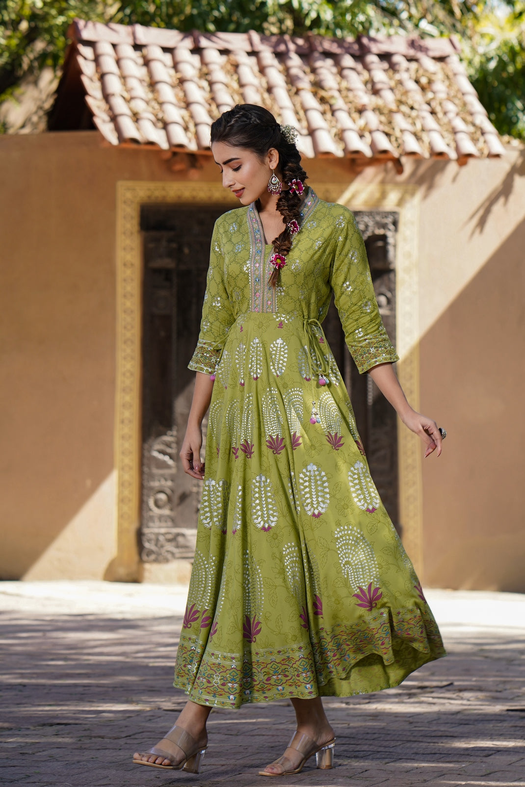Green Rayon Printed Flared Dress
