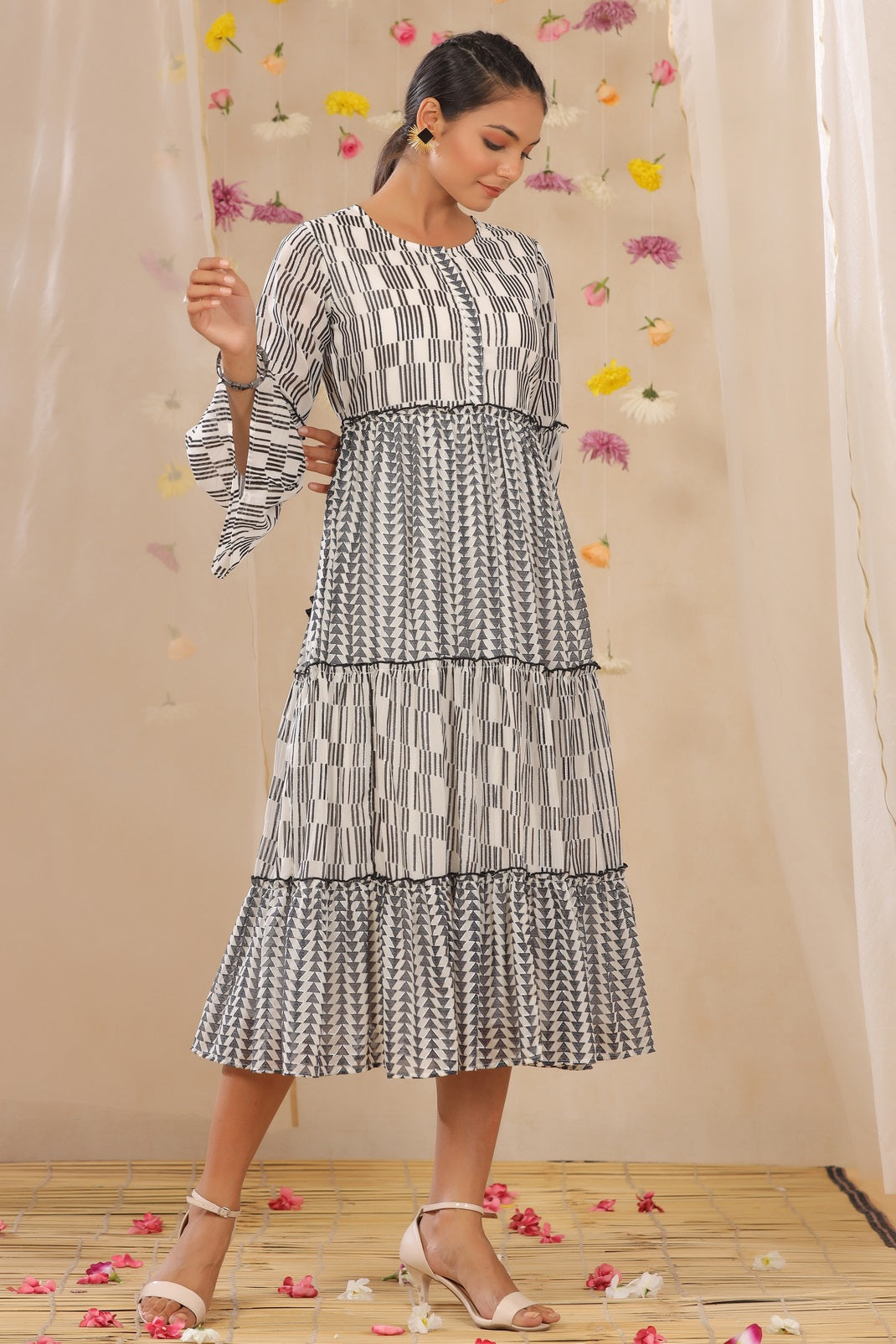 Black & White Georgette Printed Tiered Dress