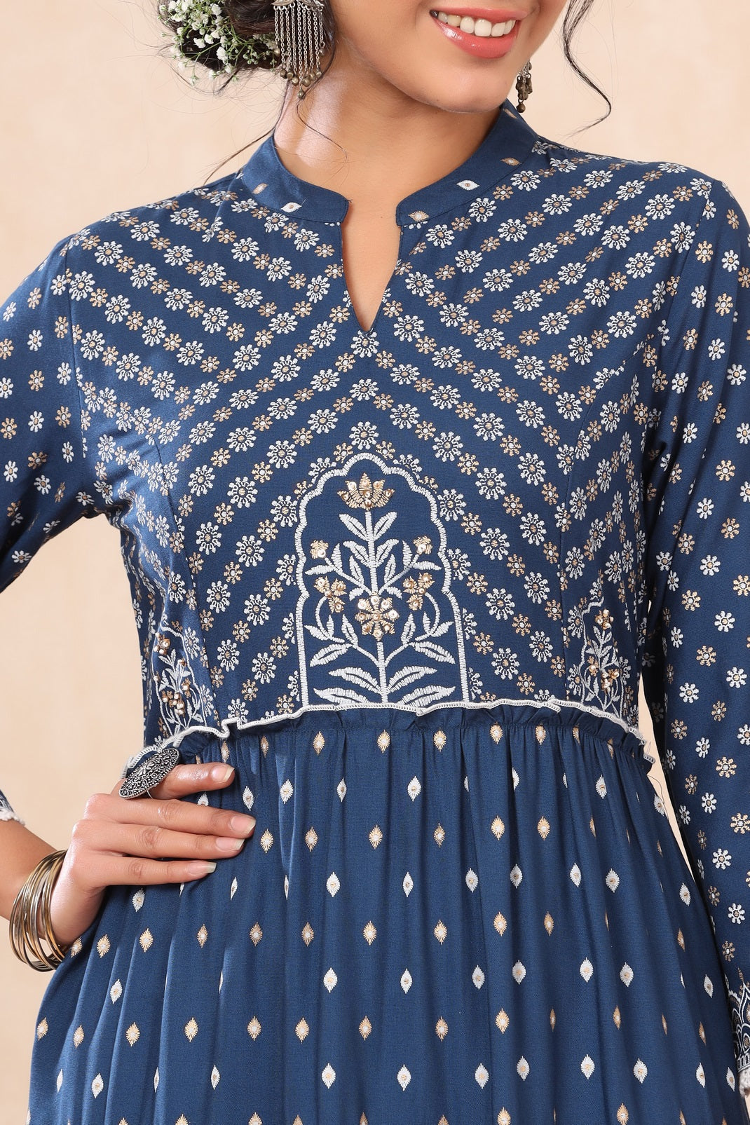 Indigo Rayon Printed Tiered Dress