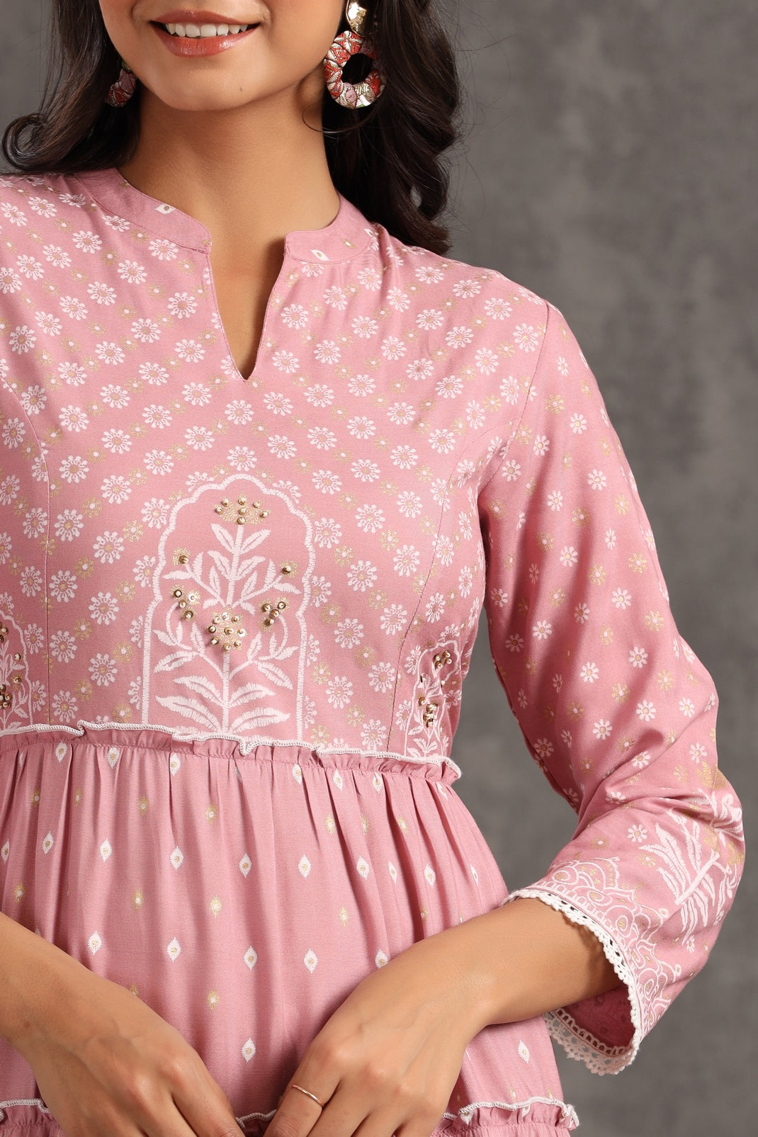 Onionpink Rayon Printed Tiered Dress