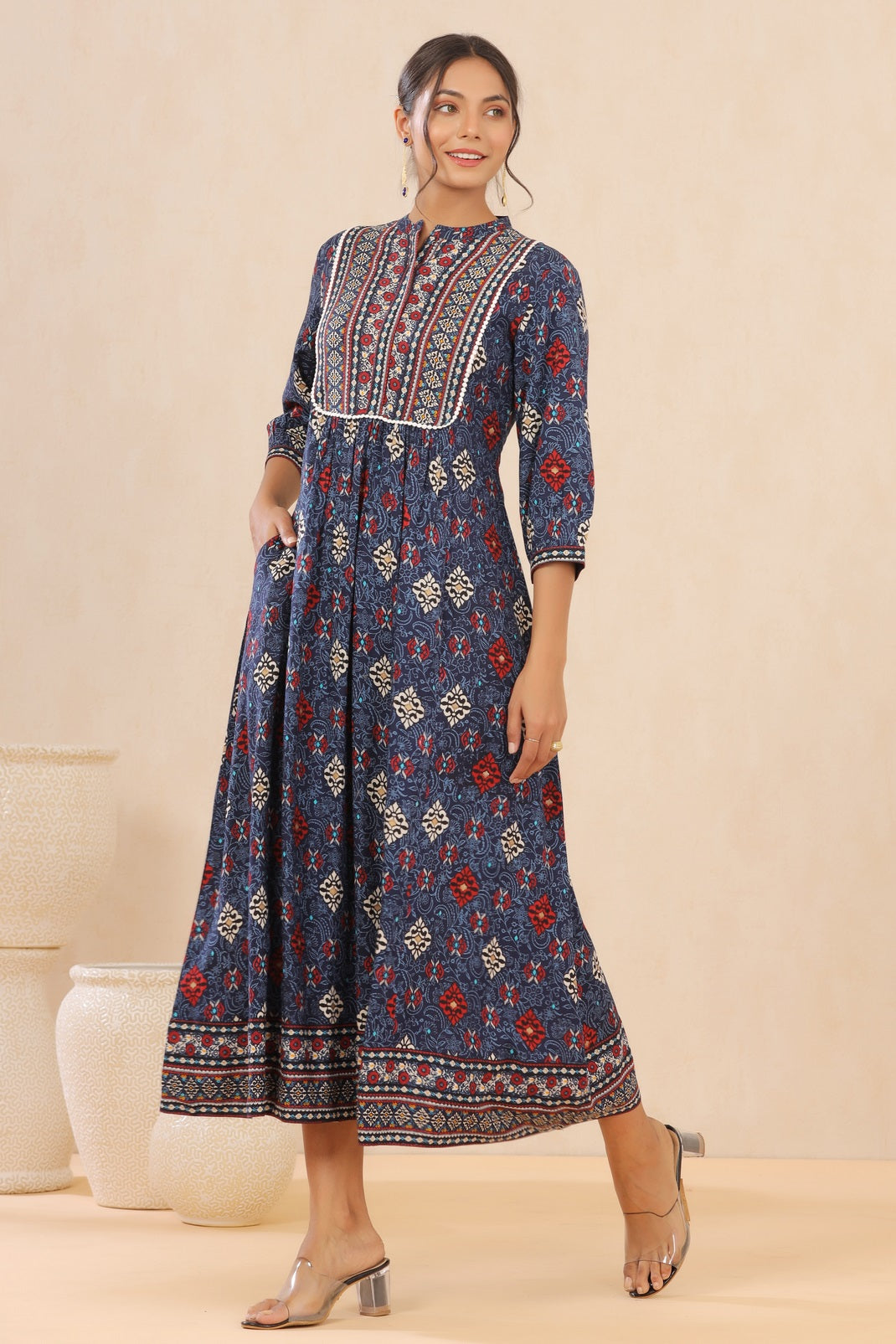 Indigo Rayon Printed Flared Dress