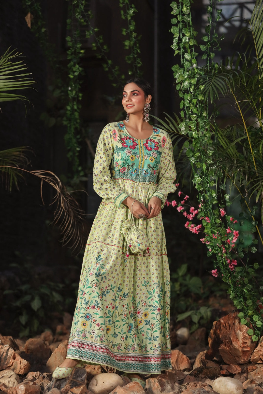 Lime Rayon Printed Tiered Dress with Tie-up Dori