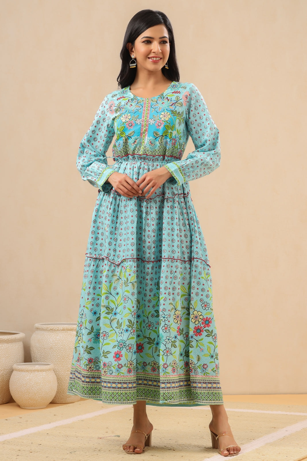 Women`s Skyblue Rayon Printed Tiered Dress