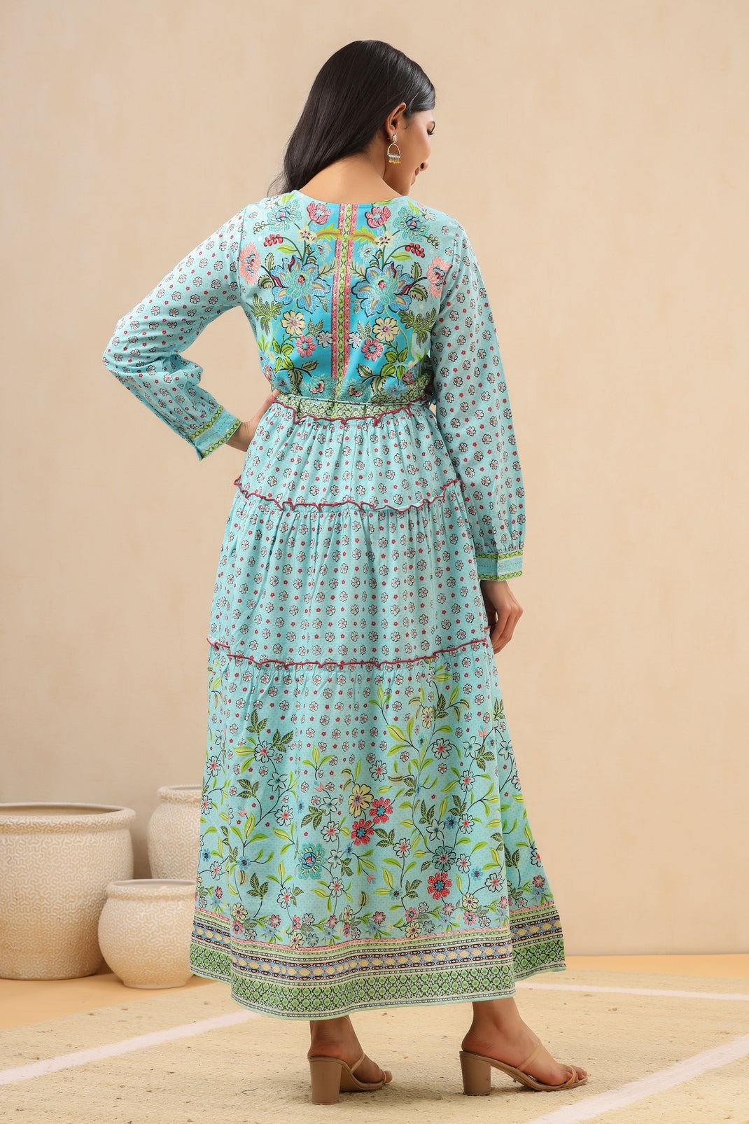 Women`s Skyblue Rayon Printed Tiered Dress