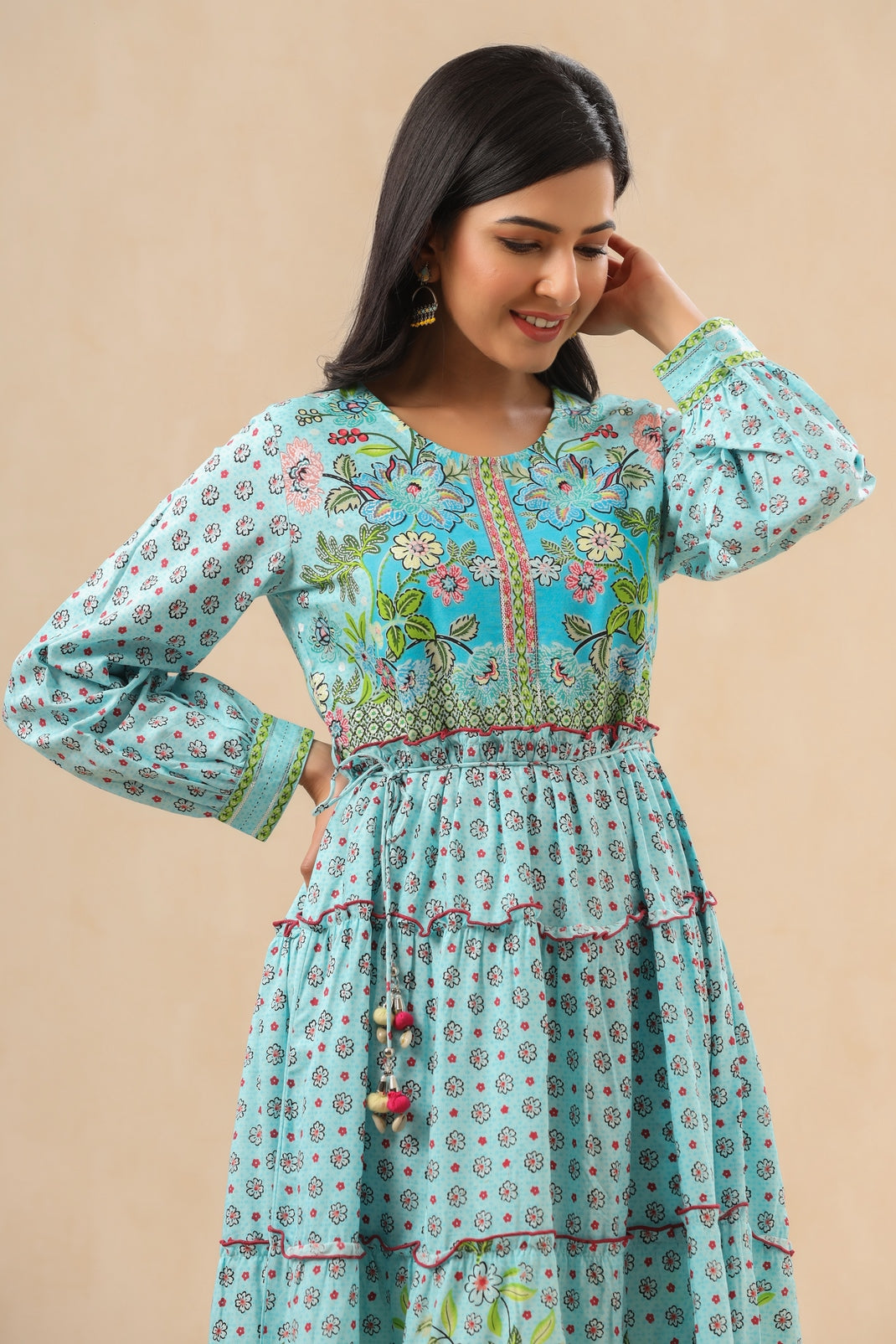 Women`s Skyblue Rayon Printed Tiered Dress