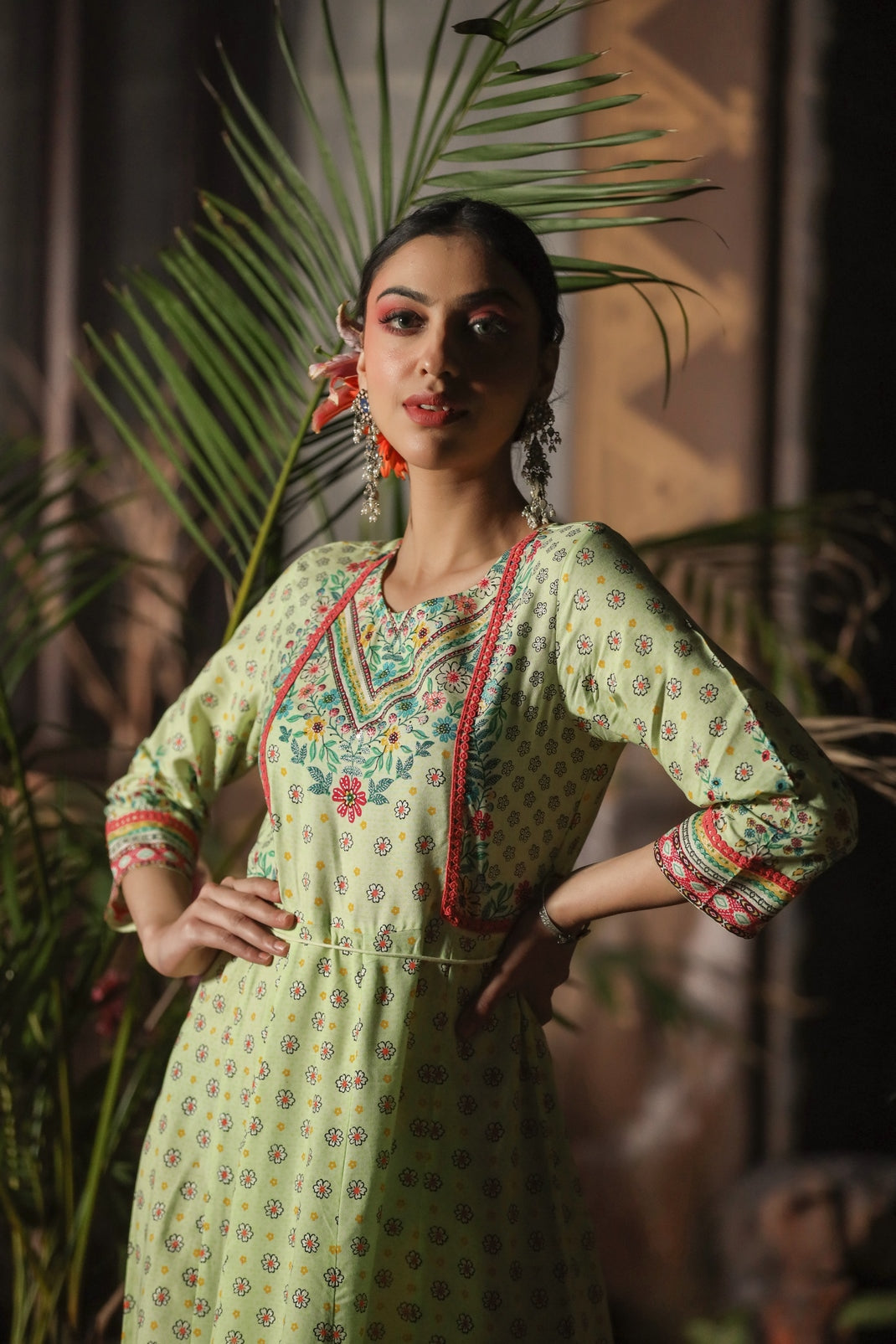 Lime Rayon Printed Anarkali Dress with Tie-up Dori