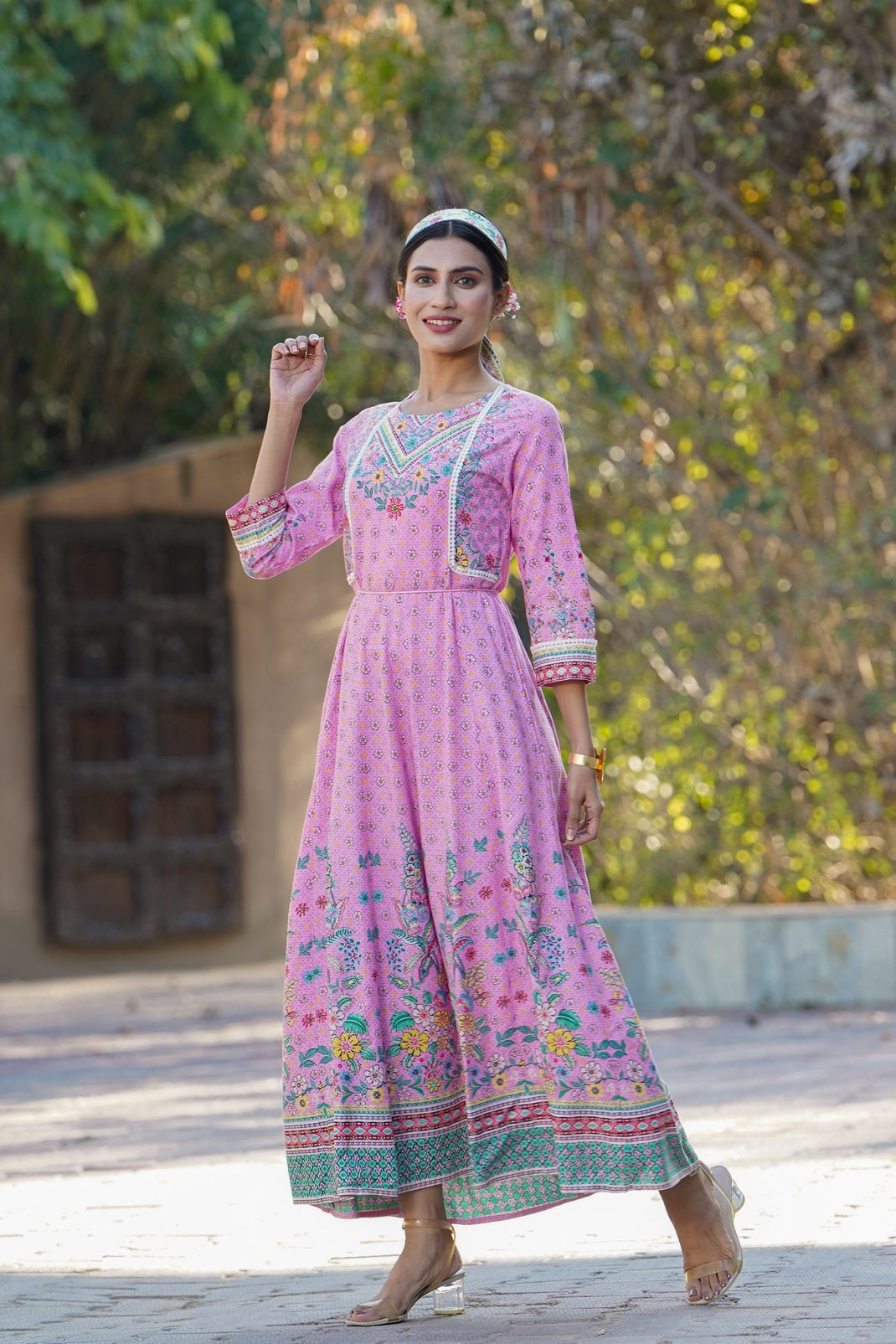 Pink Rayon Printed Anarkali Dress with Tie-up Dori