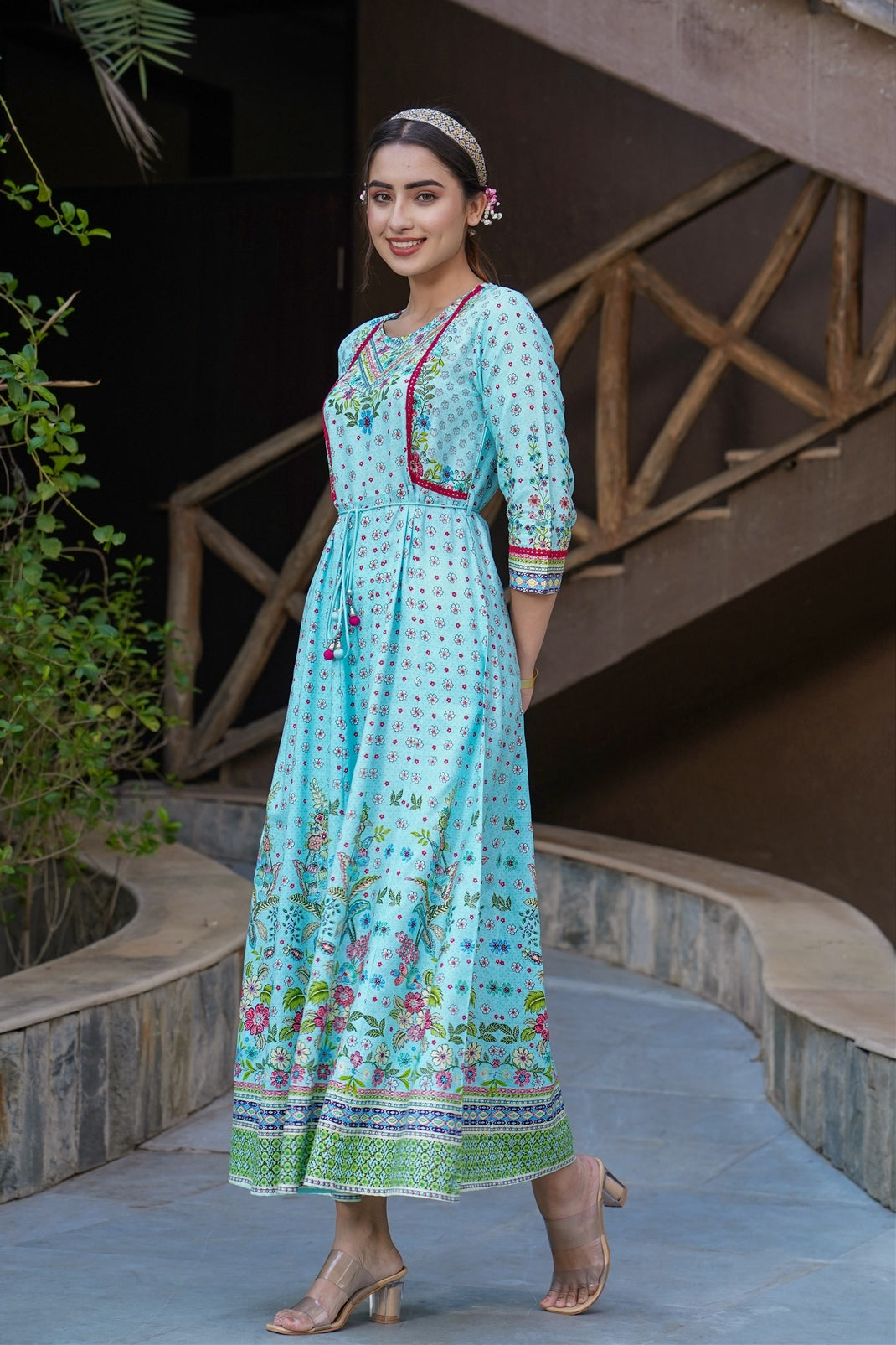 Skyblue Rayon Printed Anarkali Dress with Tie-up Dori