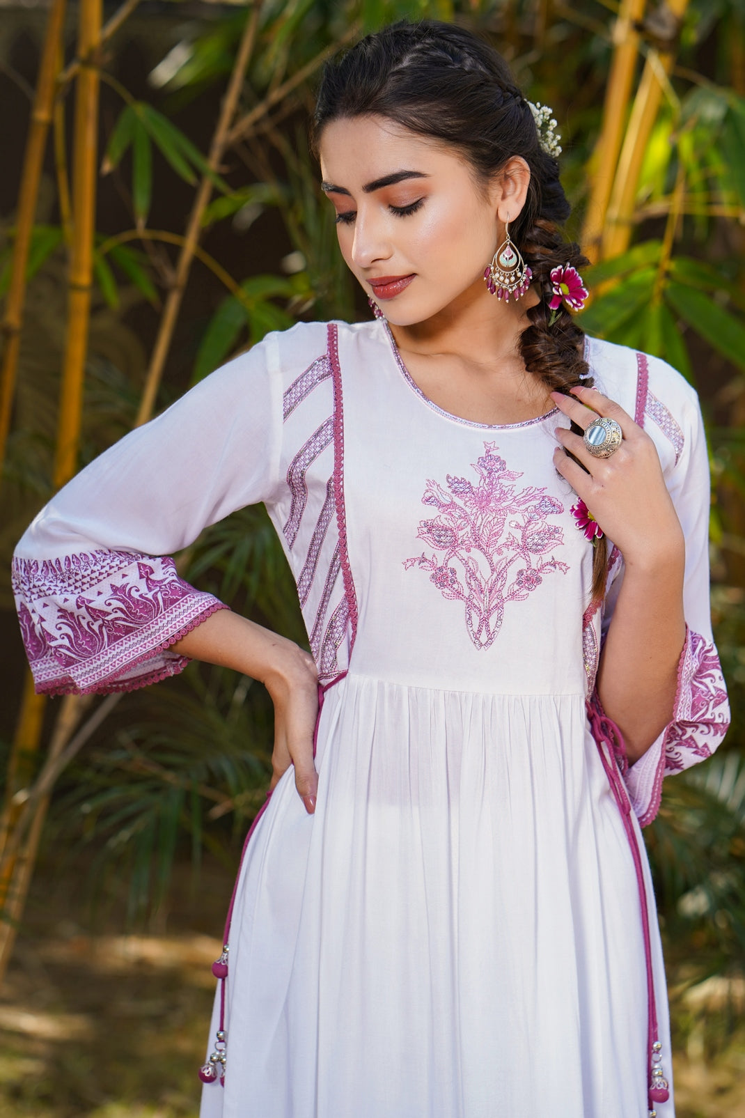 Purple Rayon Embroidered Flared Dress