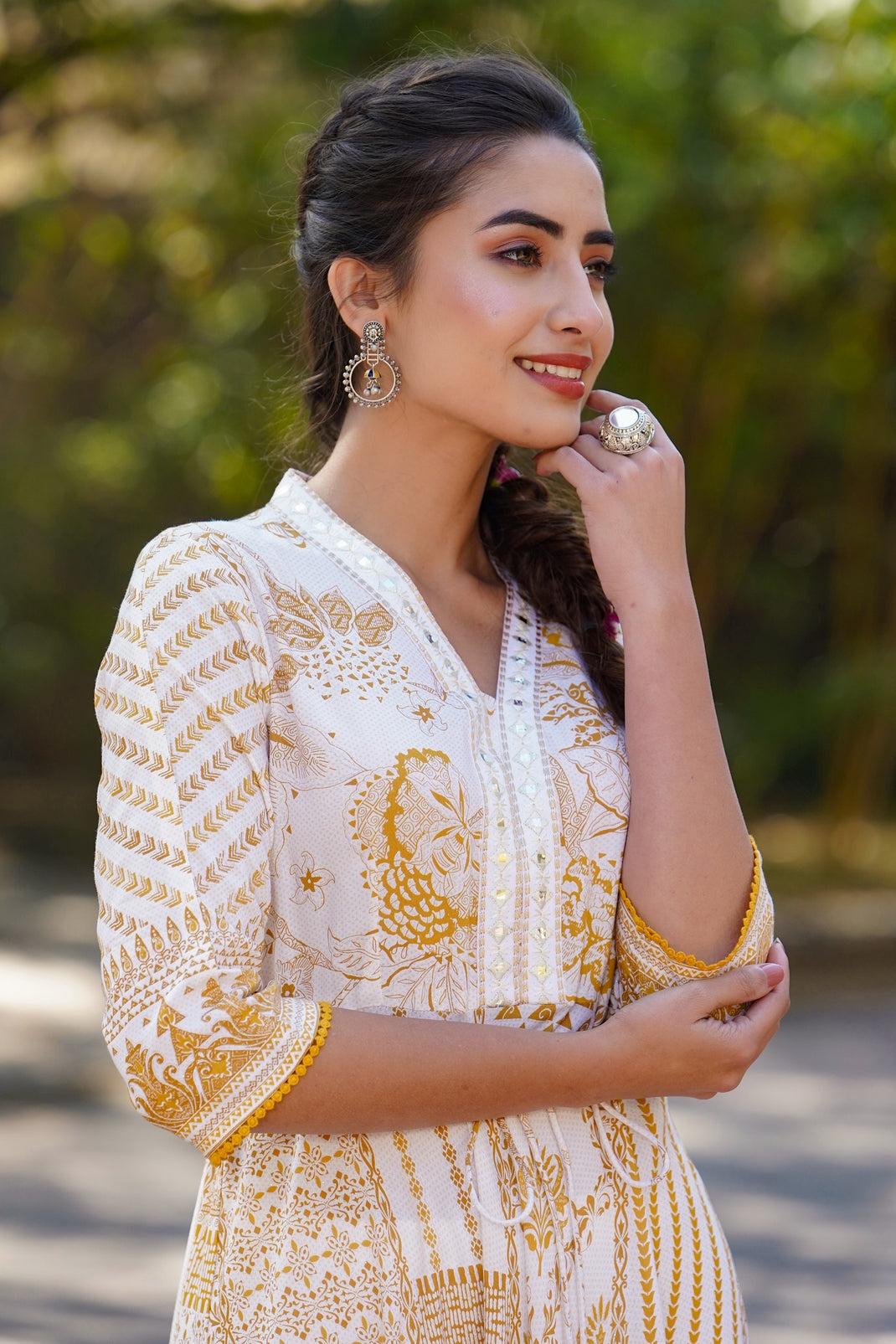 Mustard Rayon Printed Flared Dress with Belt