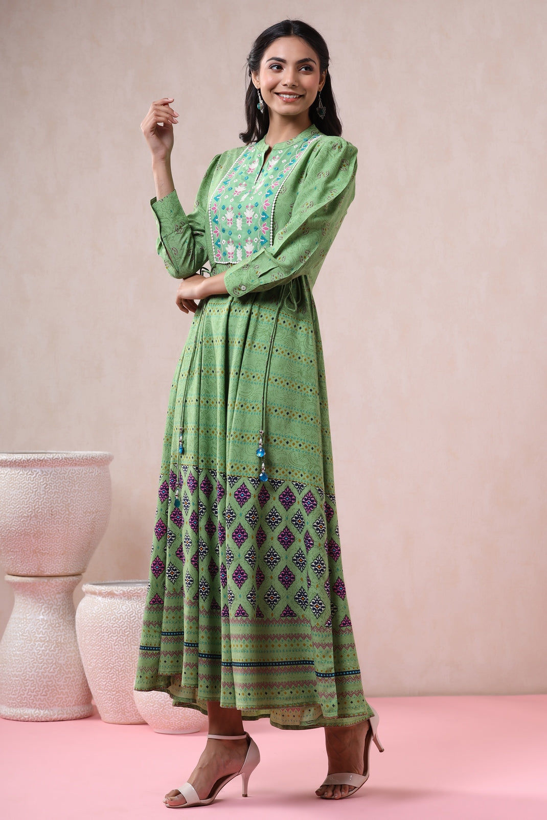 Green Rayon Printed Flared Dress
