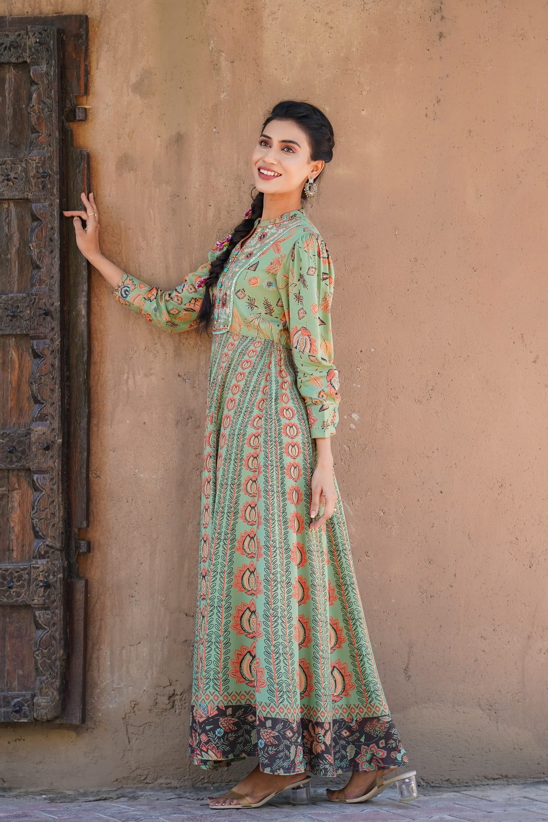 Green Rayon Printed Flared Dress