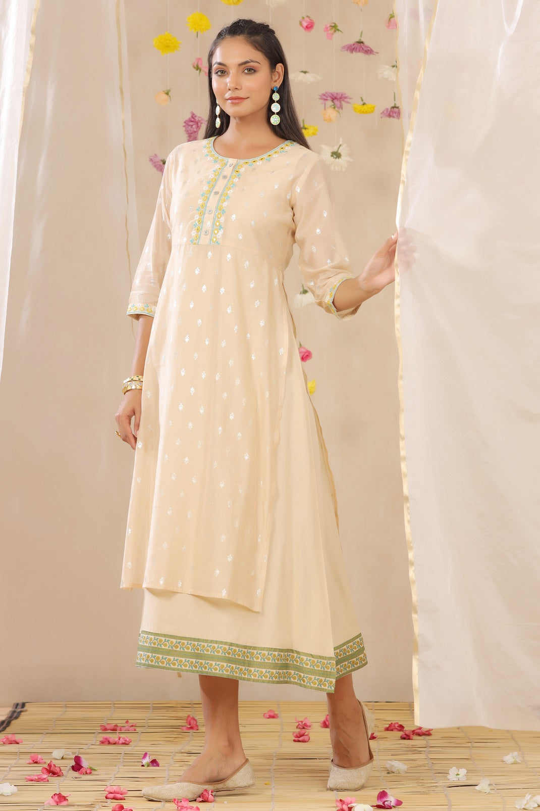 Beige Chanderi & Rayon Embroidered Layered 2 Pc Dress