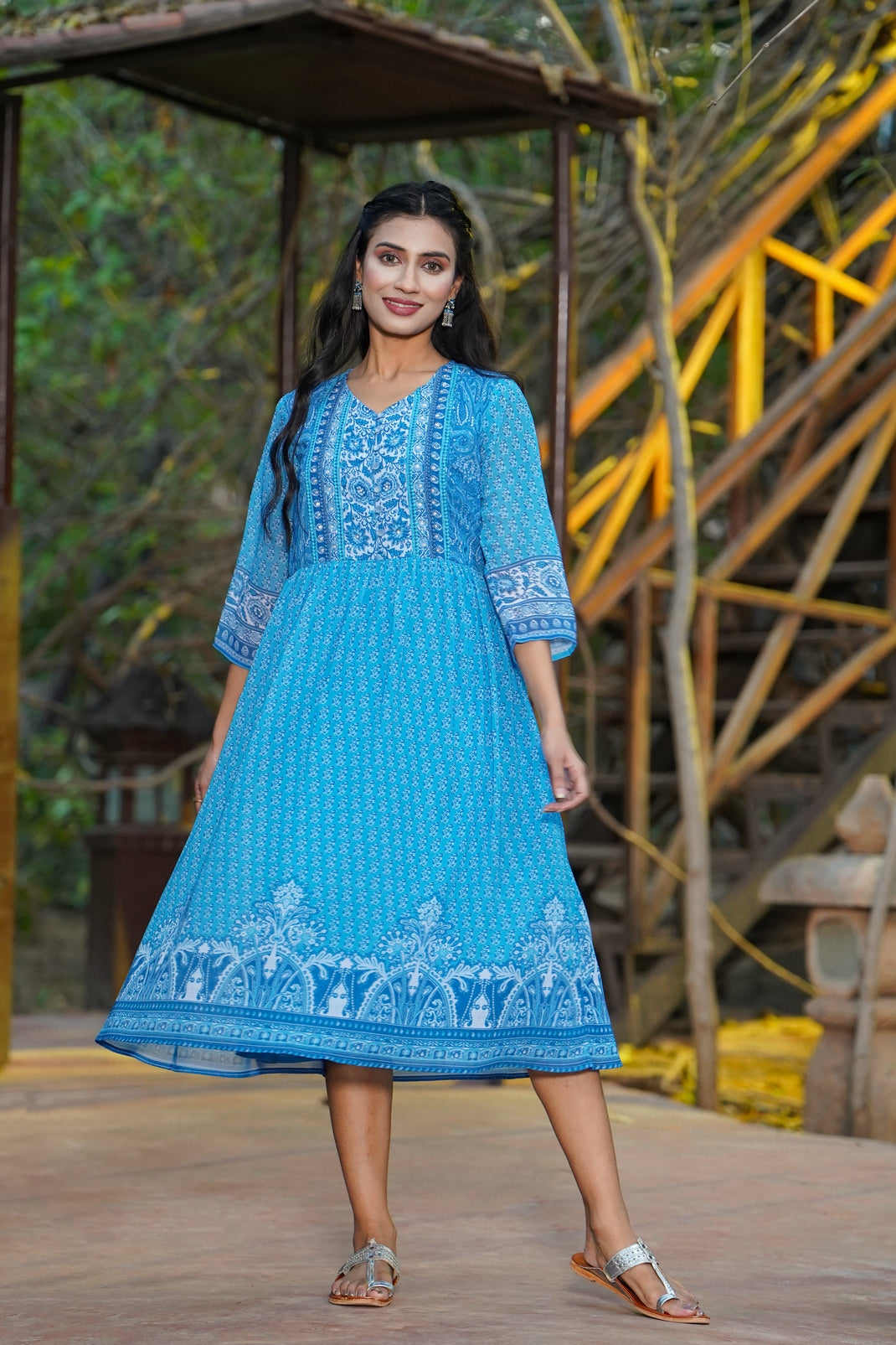 Blue Georgette Printed Flared Dress