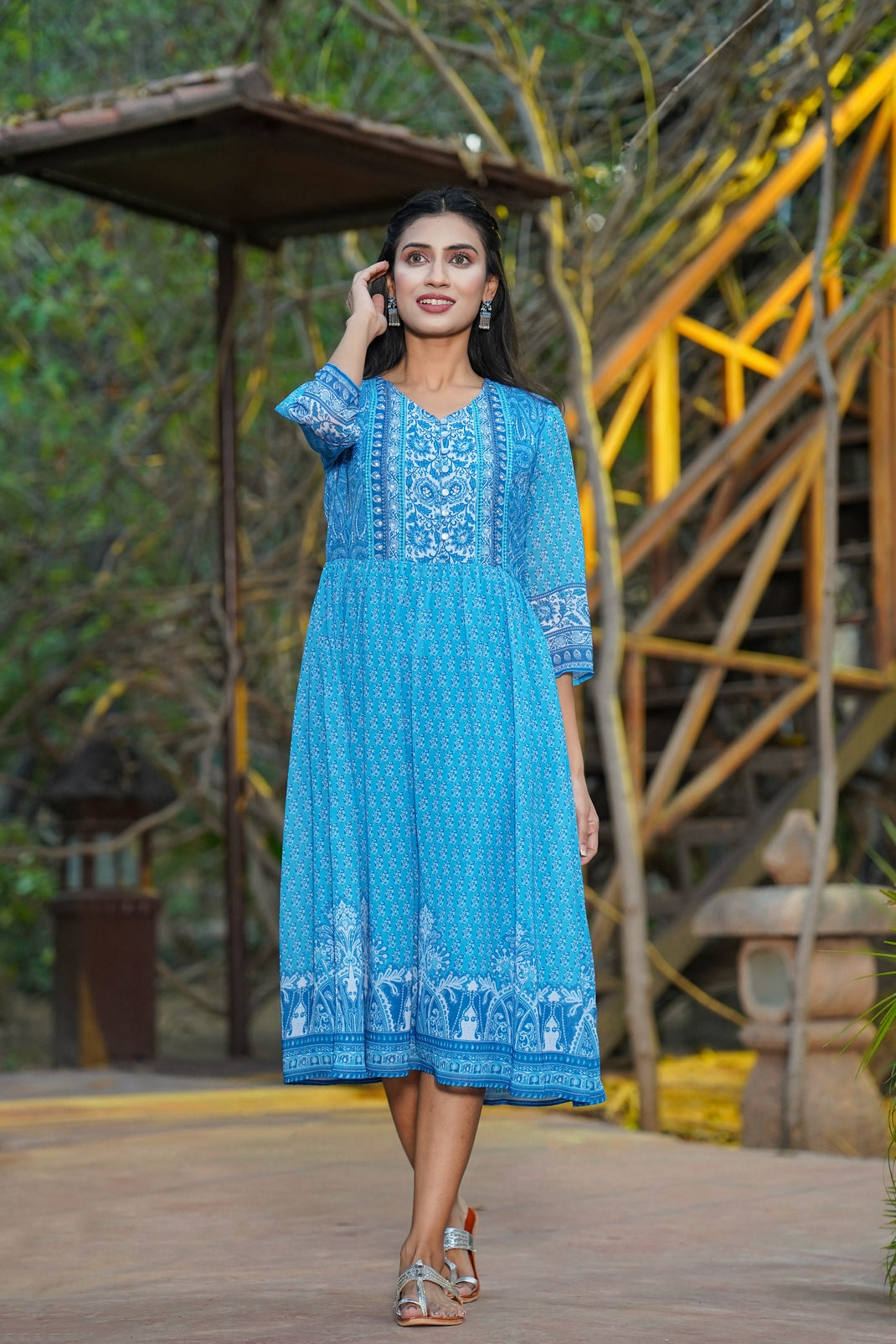 Blue Georgette Printed Flared Dress