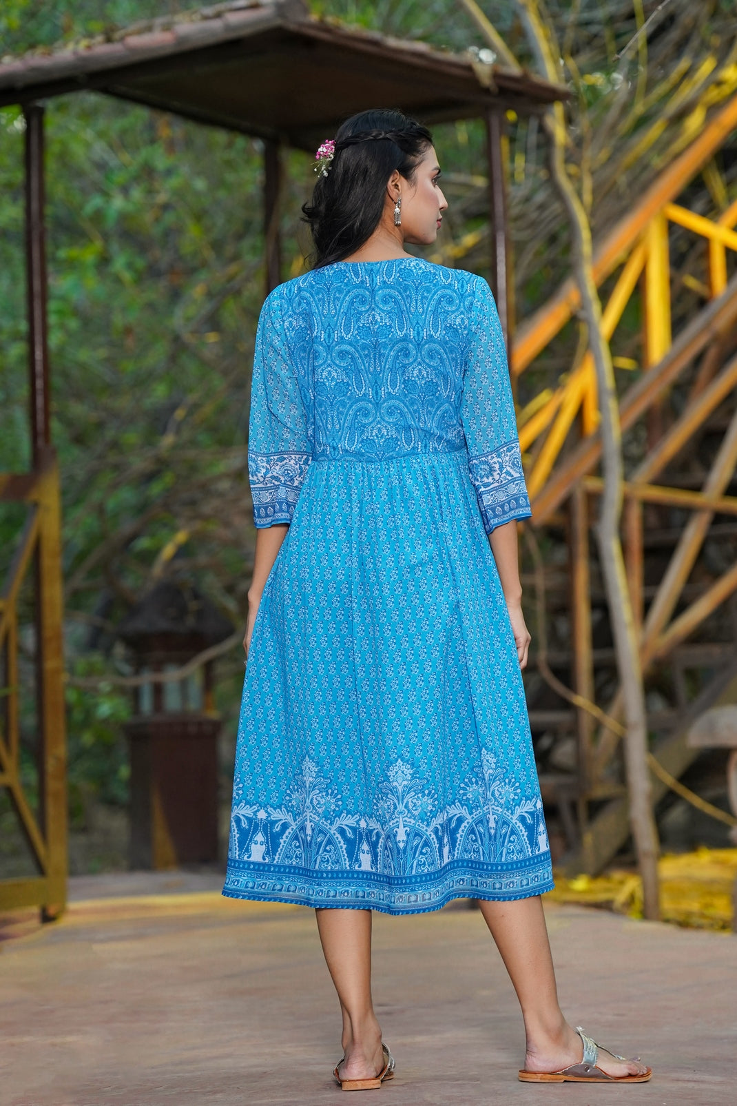 Blue Georgette Printed Flared Dress