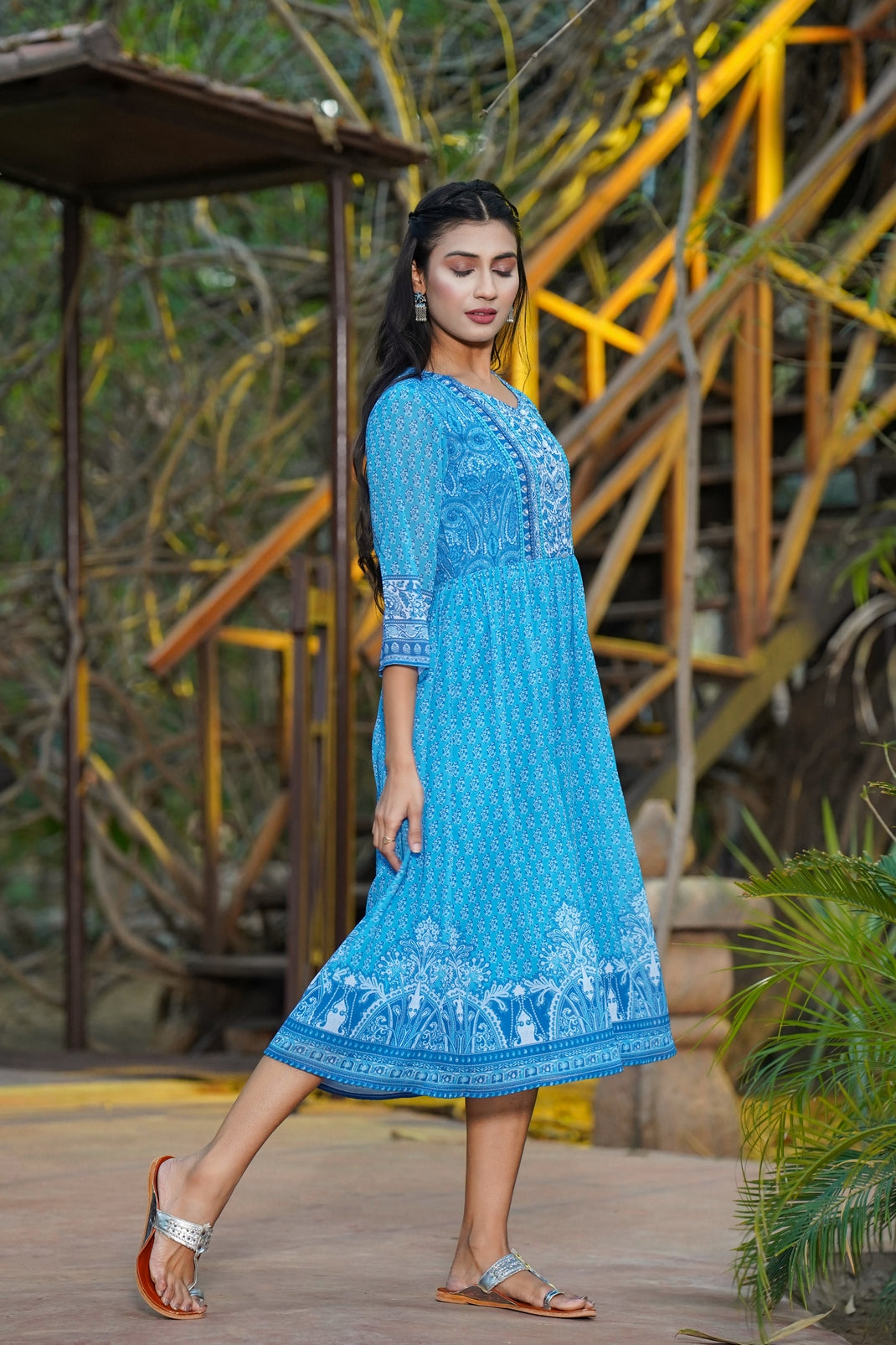 Blue Georgette Printed Flared Dress