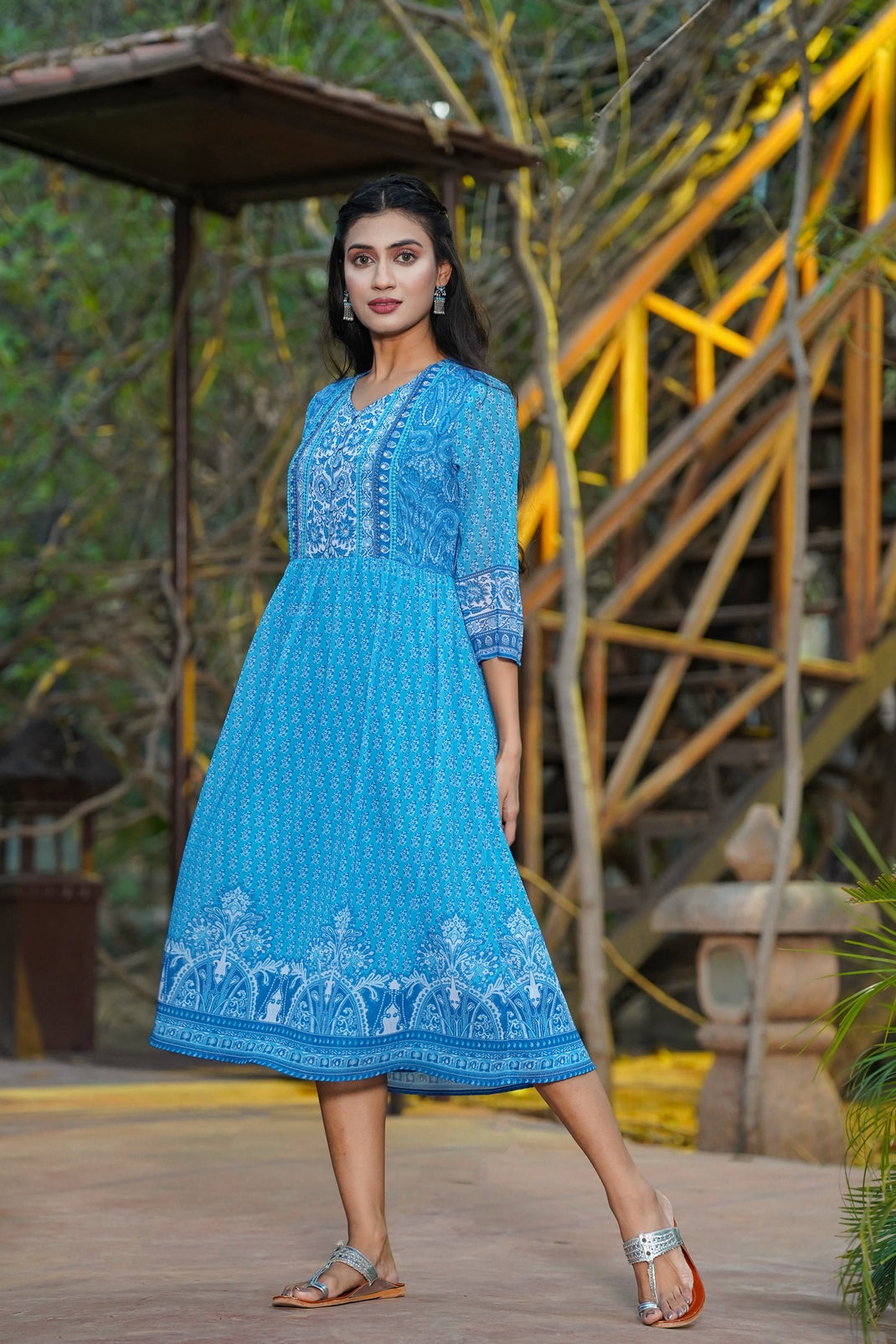 Blue Georgette Printed Flared Dress