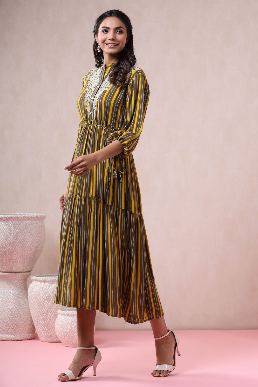 Olive Rayon Crepe Printed Tiered Dress