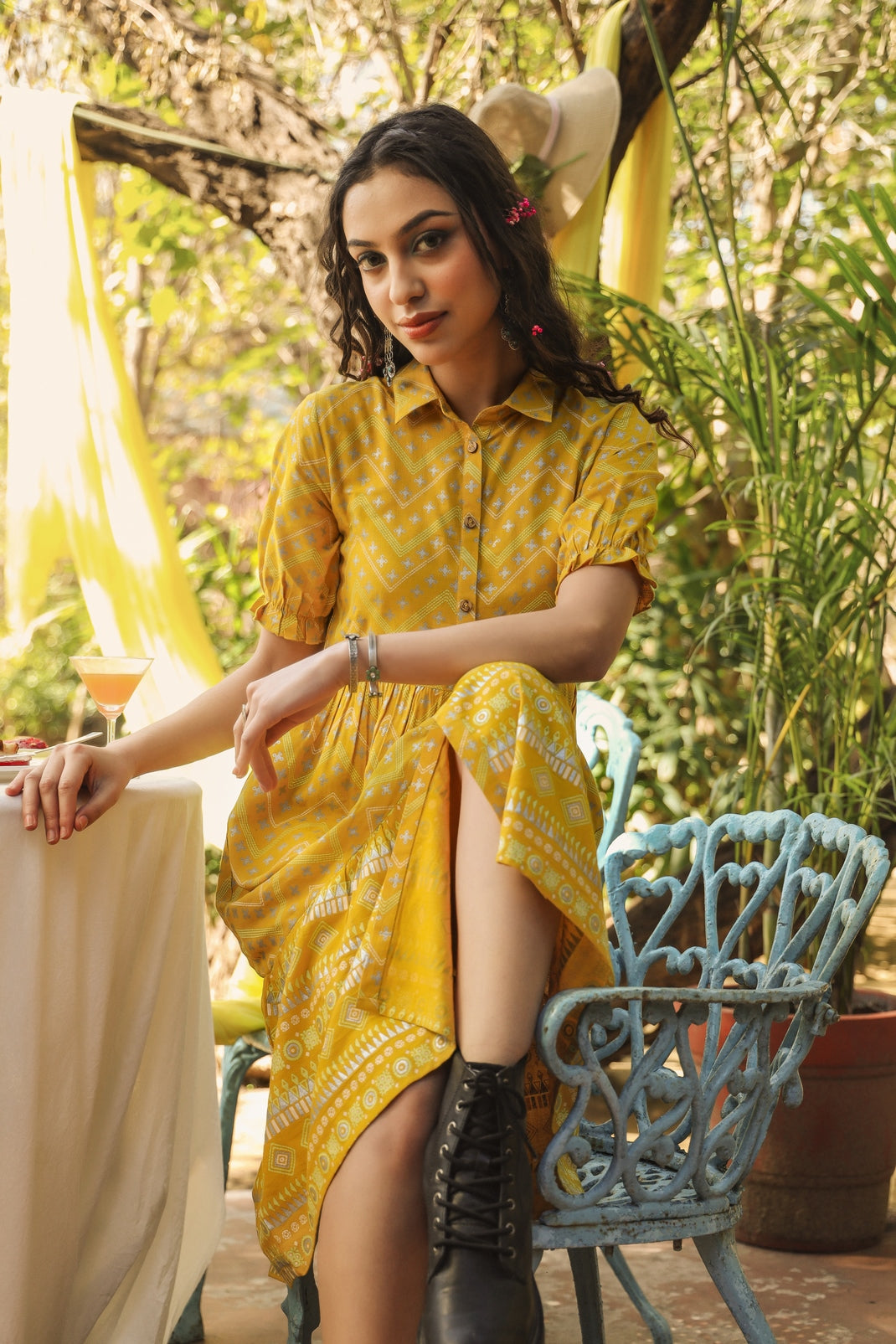 Mustard Rayon Flex Printed Tiered Dress
